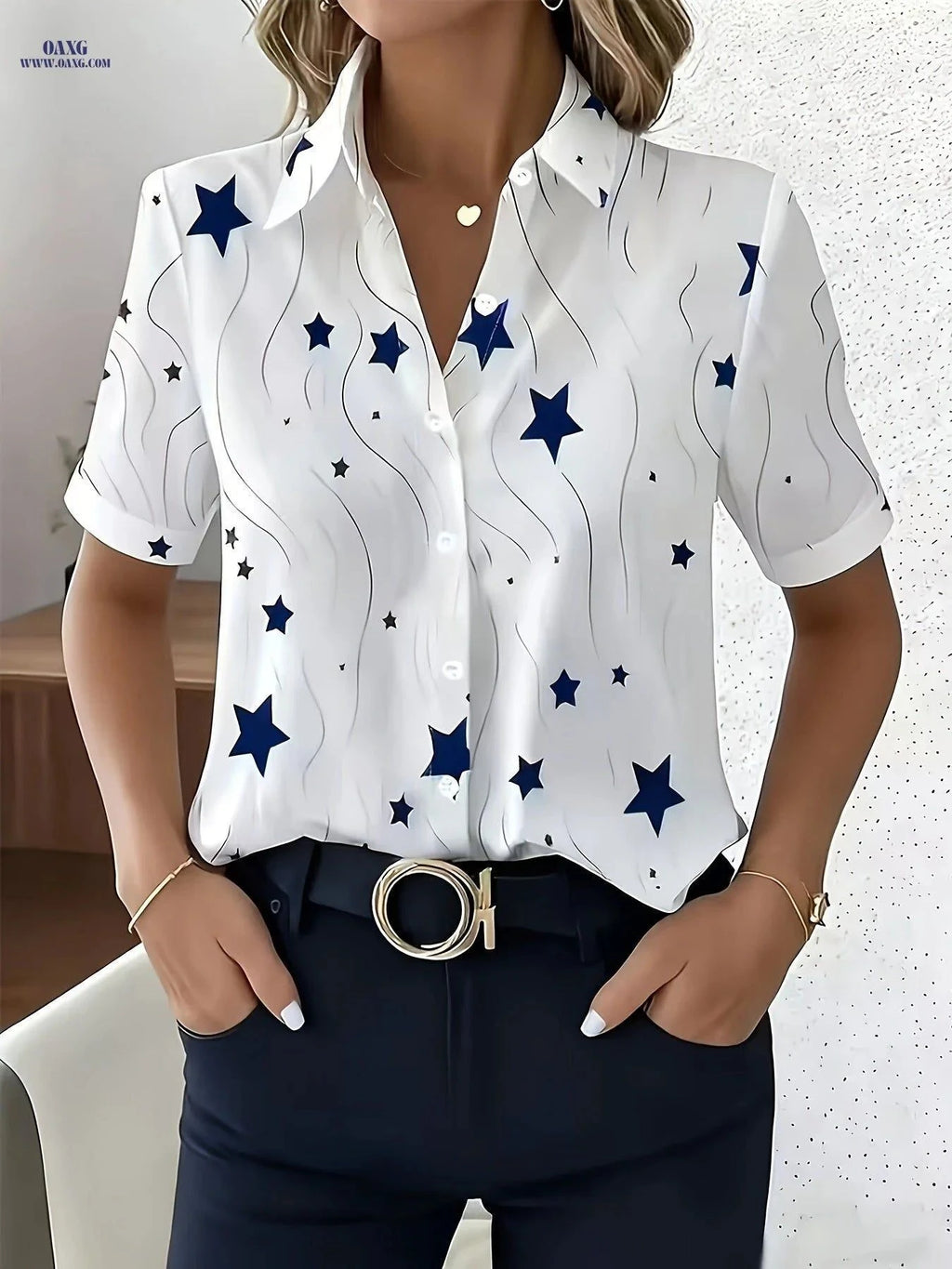Elegant Women’s Star Print Blouse - Short Sleeve Summer Top   OAXG White / S
