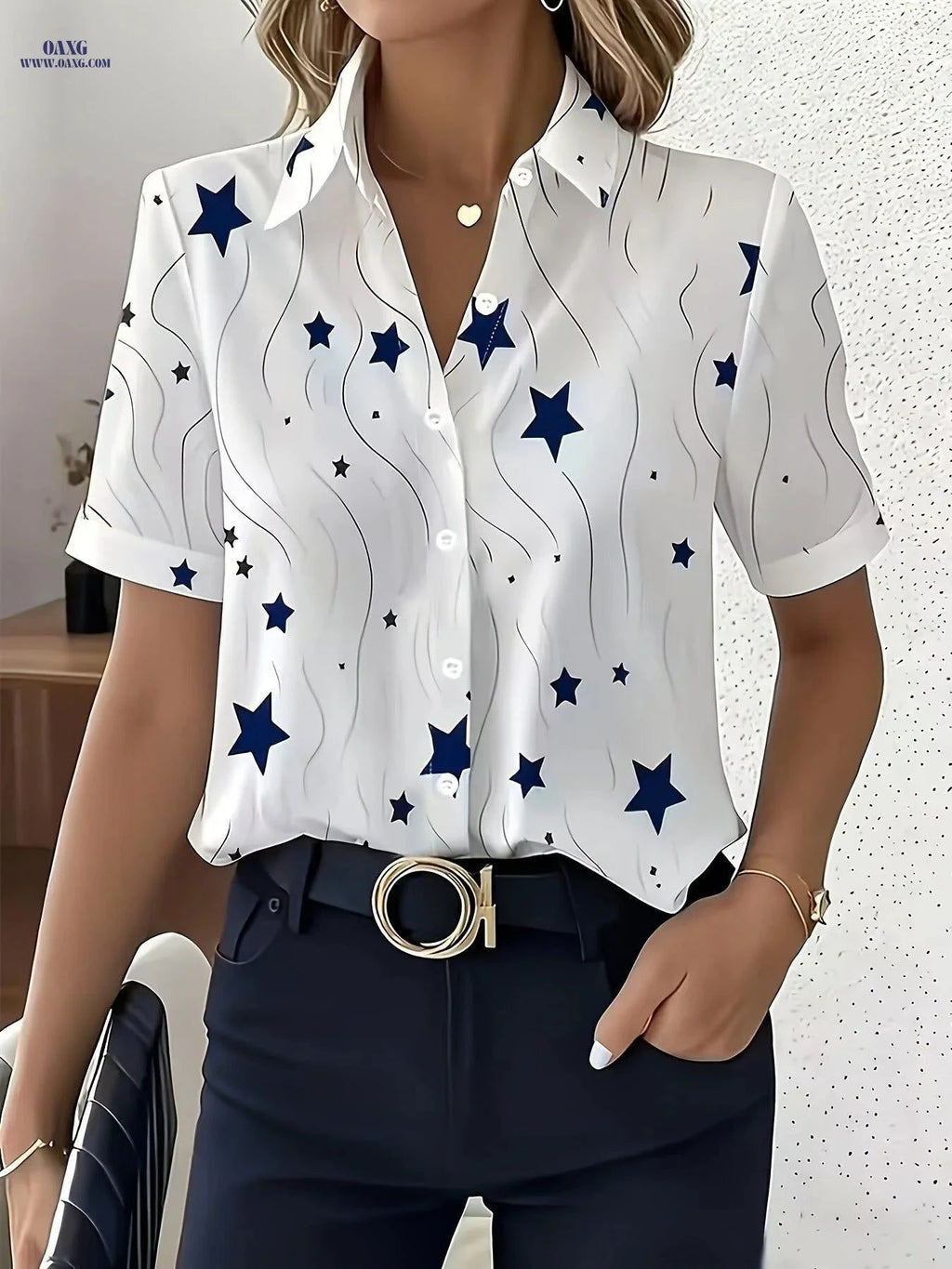 Elegant Women’s Star Print Blouse - Short Sleeve Summer Top   OAXG White / S