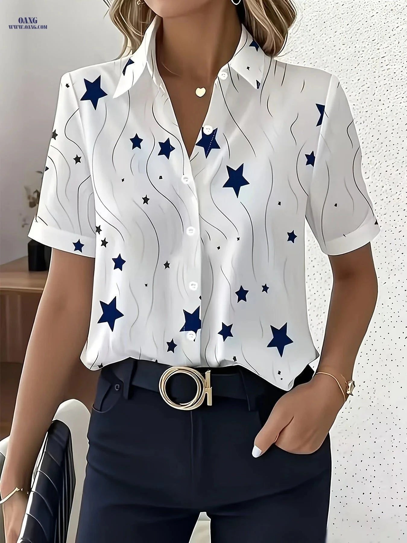 Elegant Women’s Star Print Blouse - Short Sleeve Summer Top   OAXG White / S