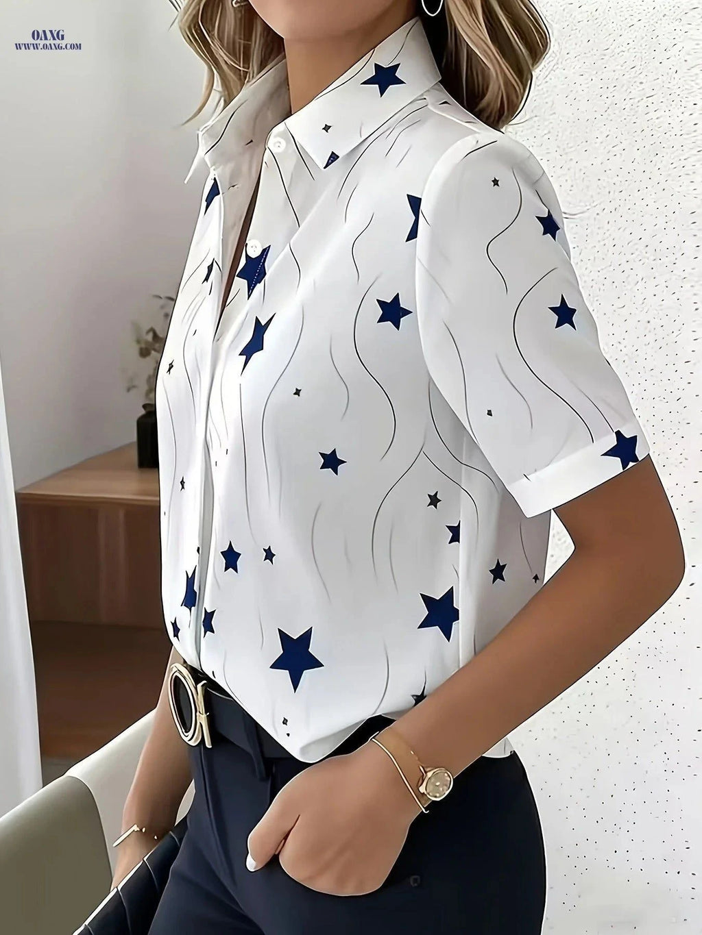 Elegant Women’s Star Print Blouse - Short Sleeve Summer Top   OAXG White / S
