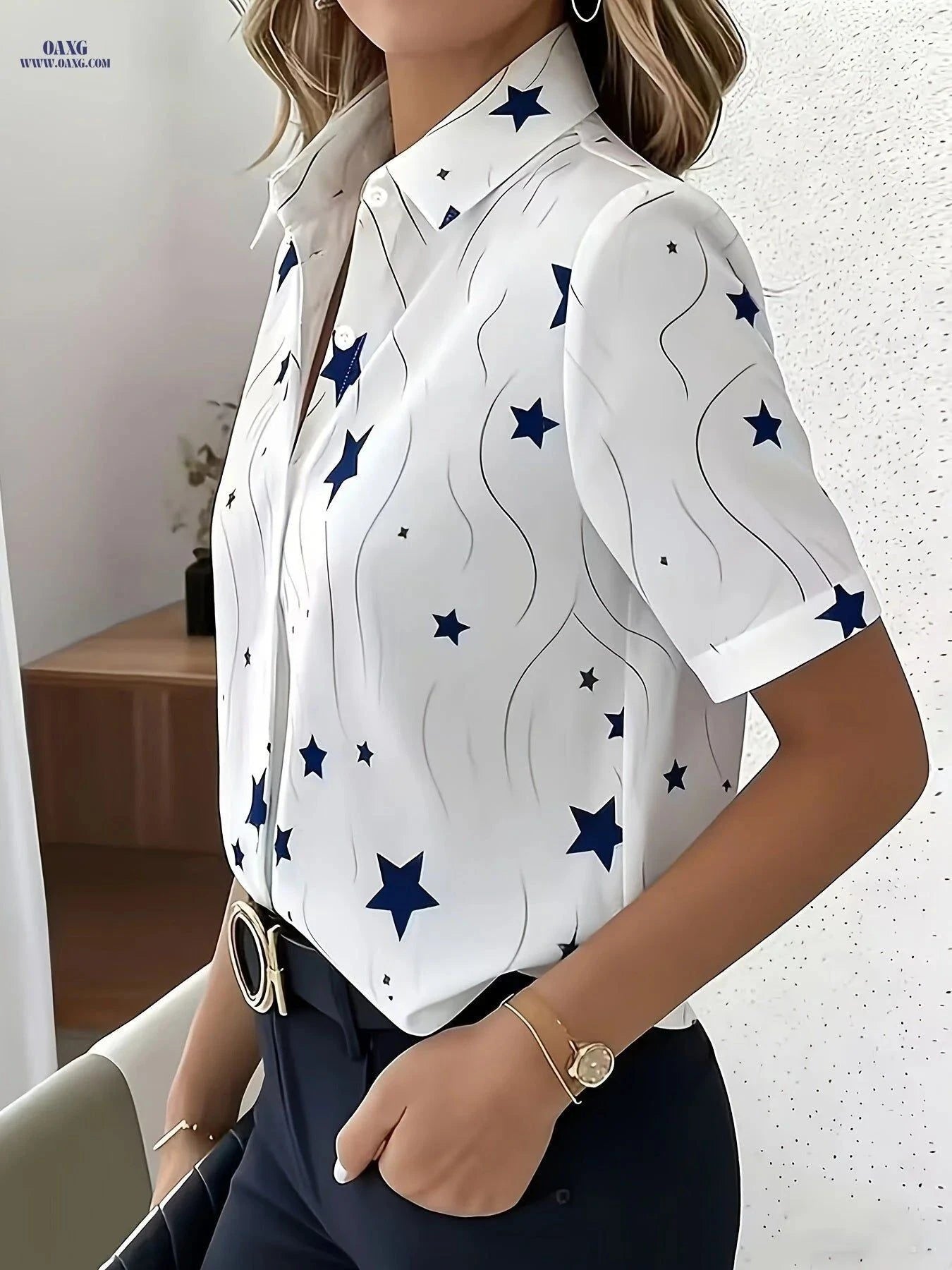 Elegant Women’s Star Print Blouse - Short Sleeve Summer Top   OAXG White / S
