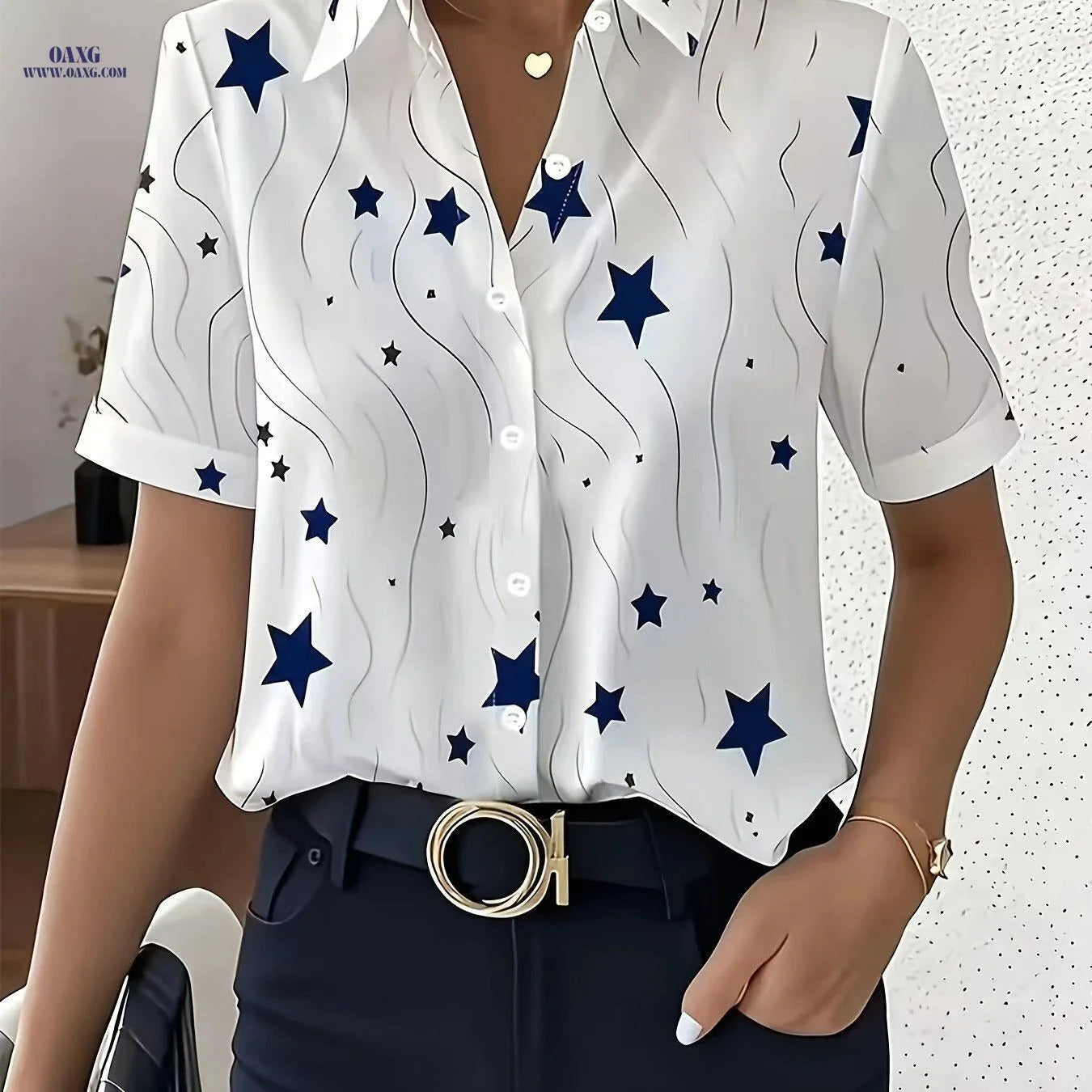 Elegant Women’s Star Print Blouse - Short Sleeve Summer Top   OAXG White / S