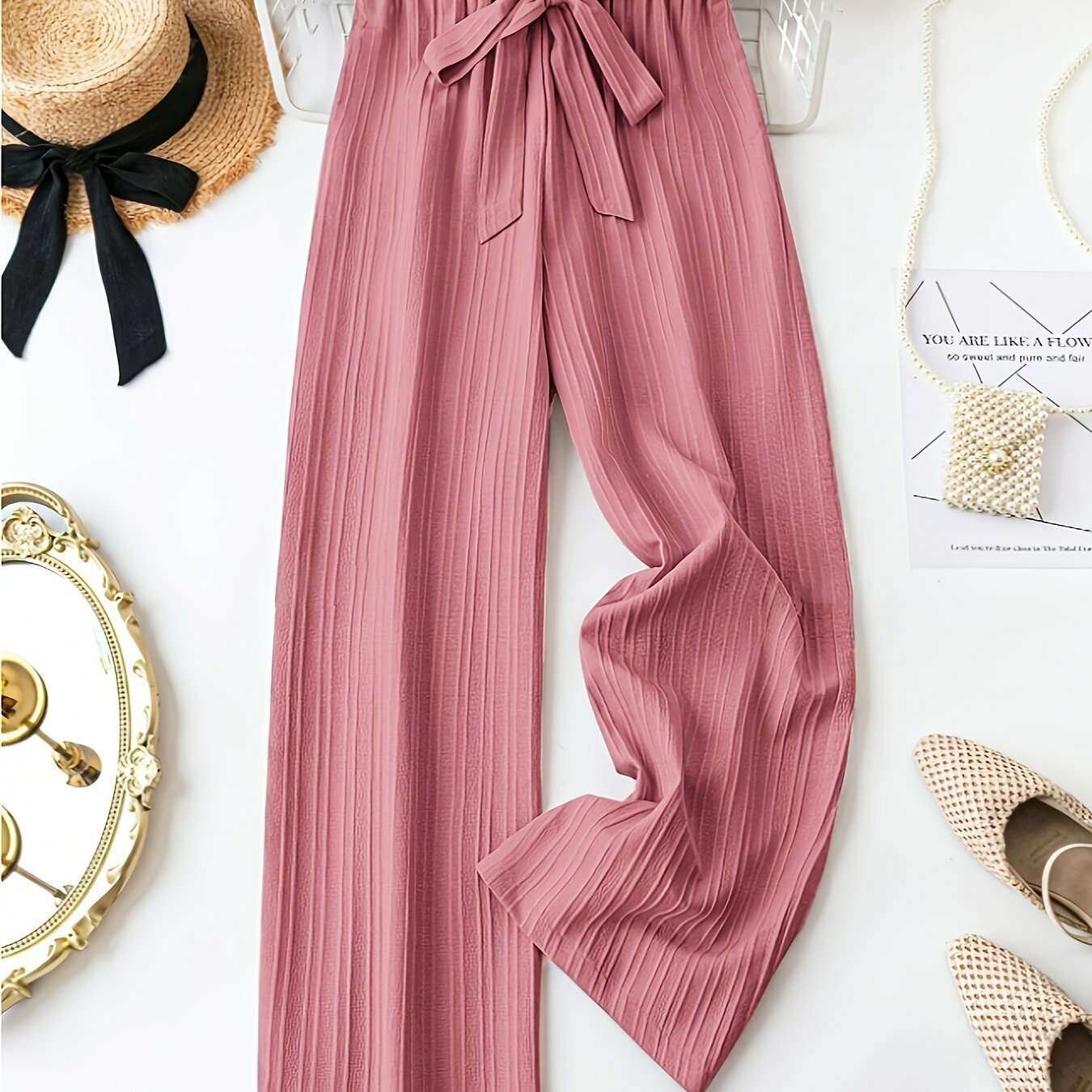 Elegant Women's Straight-Leg Pants - Brown All-Season Casual Trousers   OAXG Rose Red / S