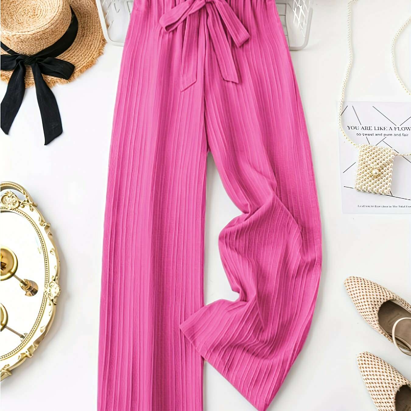 Elegant Women's Straight-Leg Pants - Brown All-Season Casual Trousers   OAXG Rose Red / S