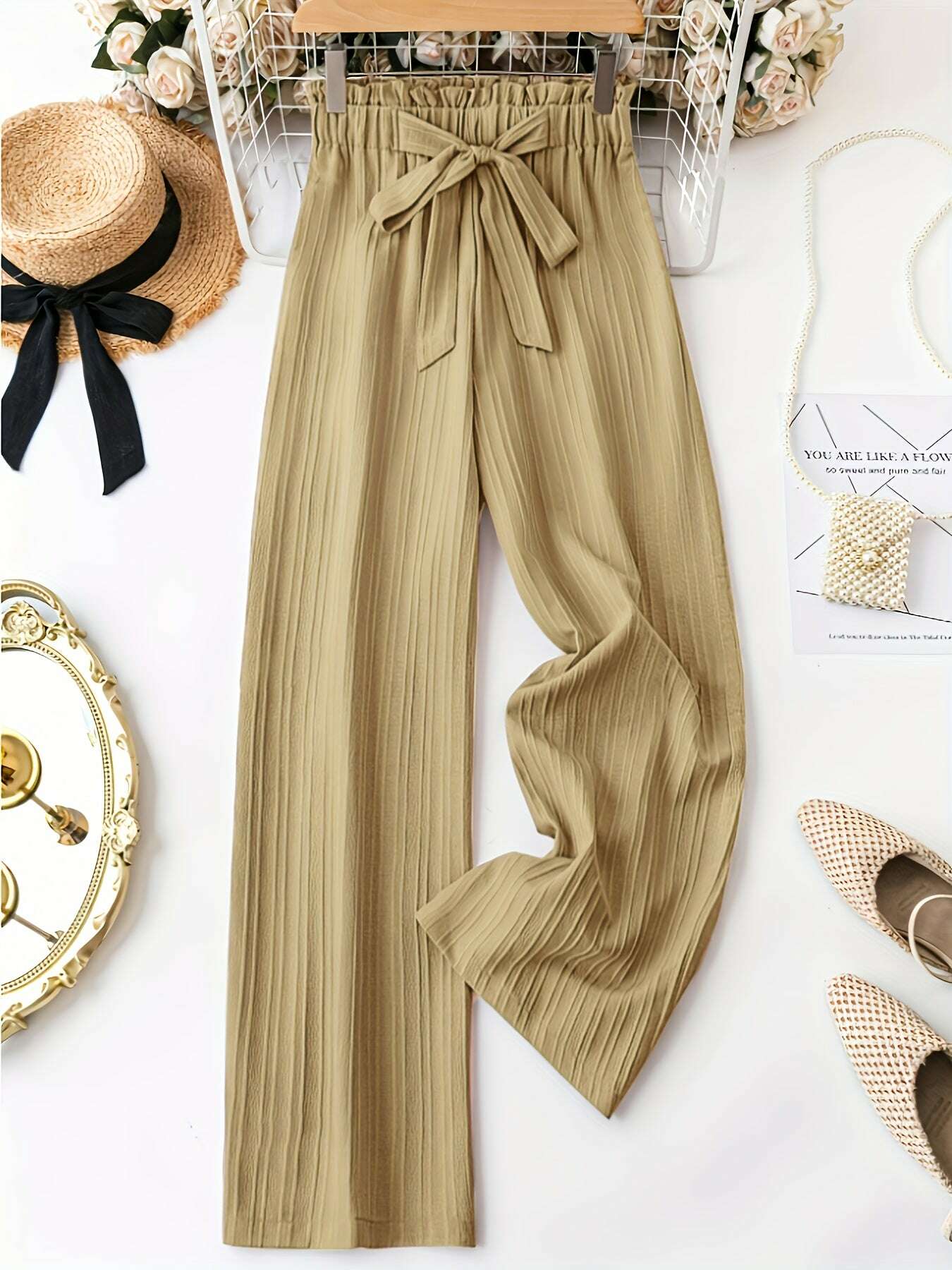 Elegant Women's Straight-Leg Pants - Brown All-Season Casual Trousers   OAXG Rose Red / S