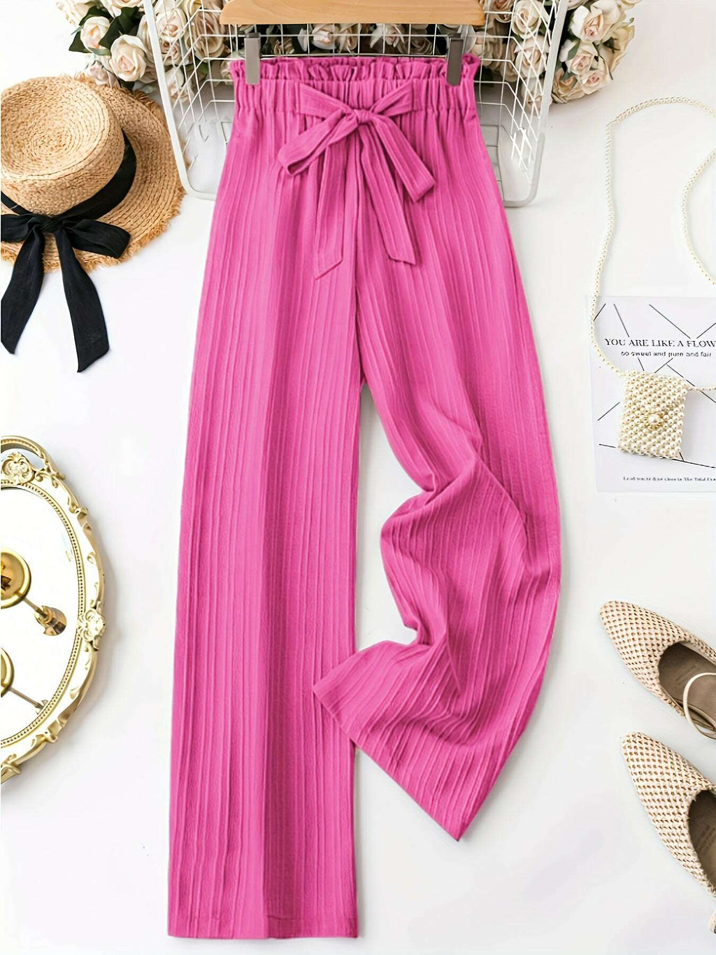 Elegant Women's Straight-Leg Pants - Brown All-Season Casual Trousers   OAXG Rose Red / S