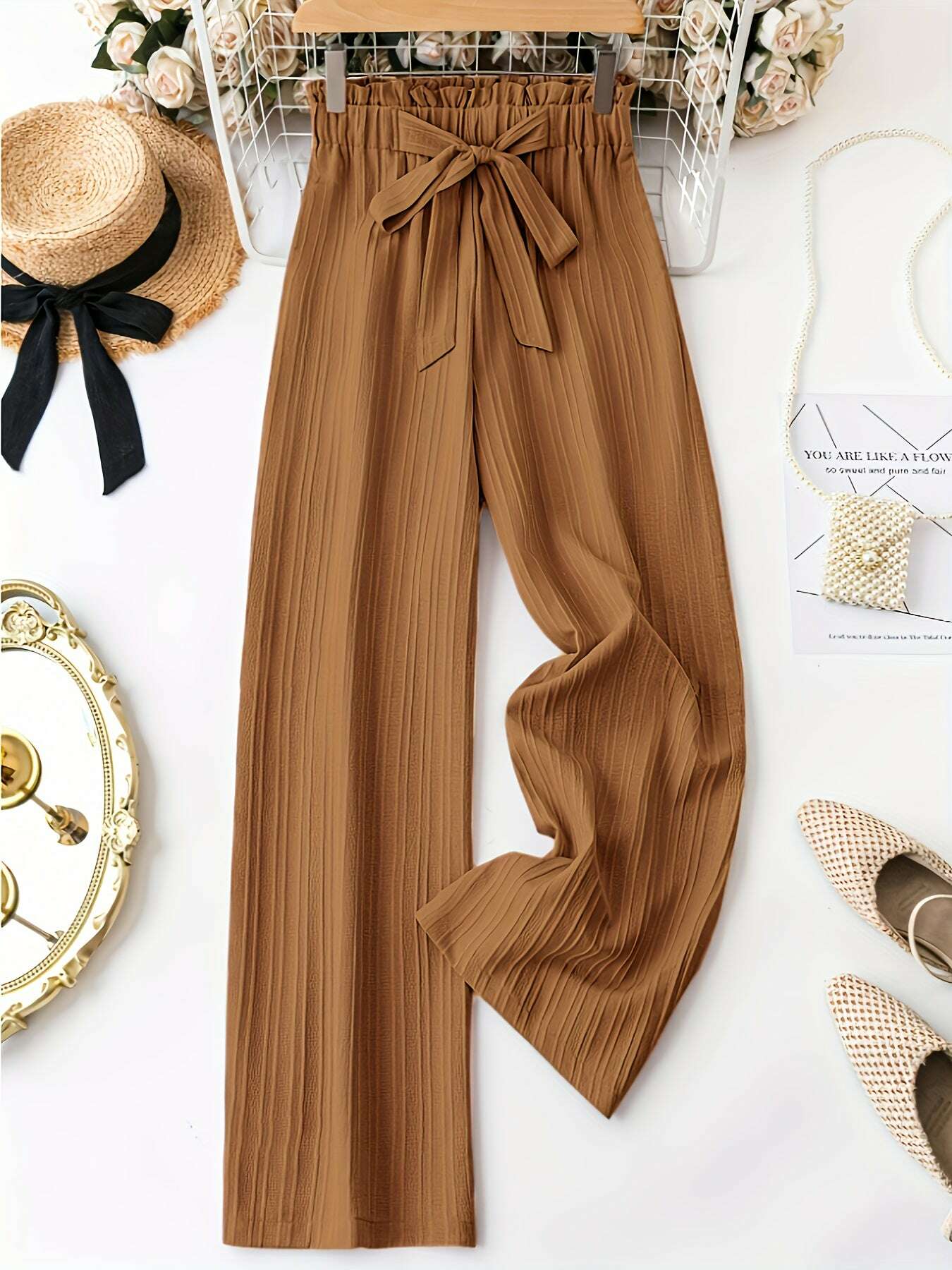 Elegant Women's Straight-Leg Pants - Brown All-Season Casual Trousers   OAXG 