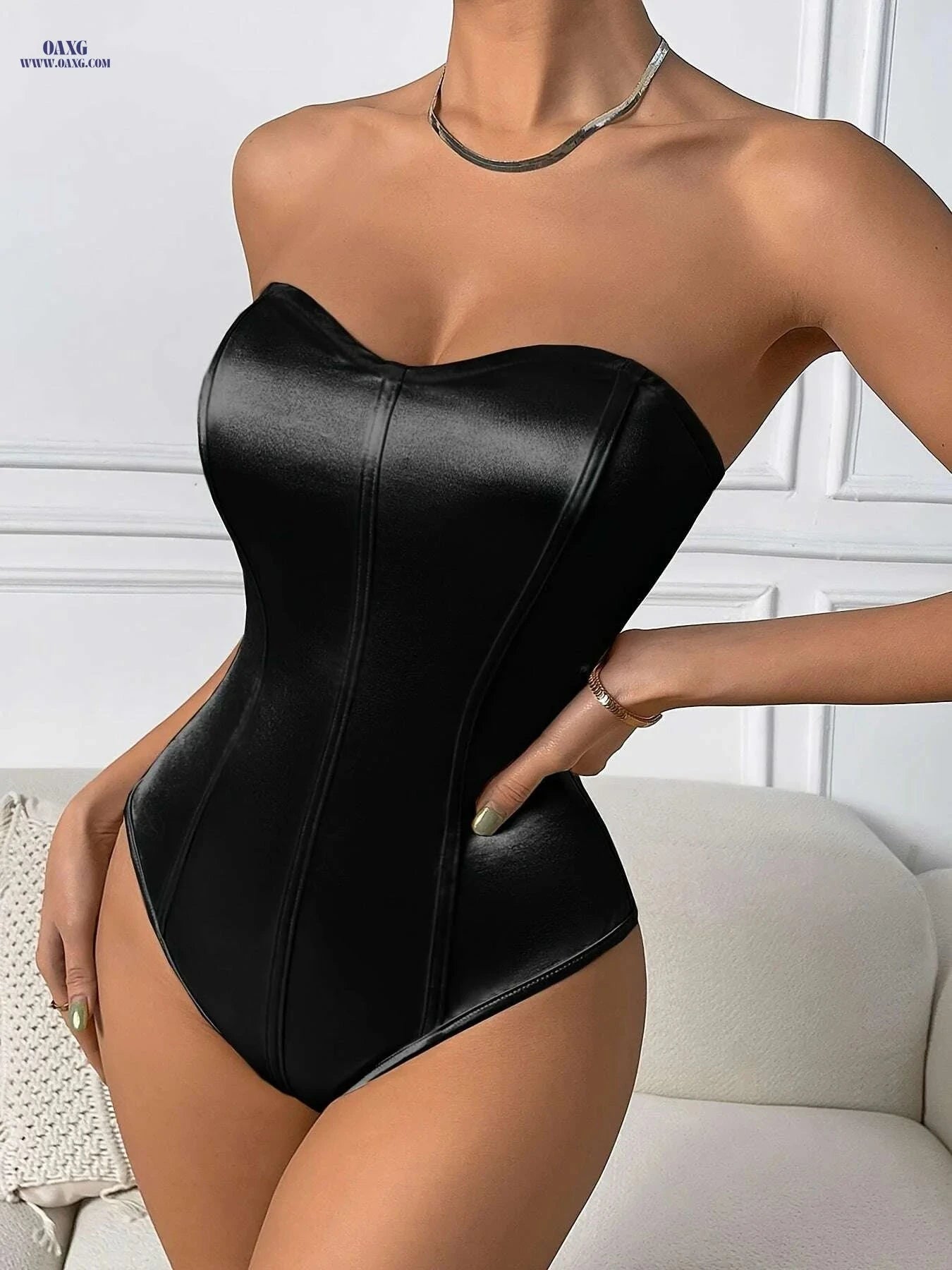 Elegant Women's Strapless Bodysuit - High-Stretch Bodycon Fit   OAXG Black / XS