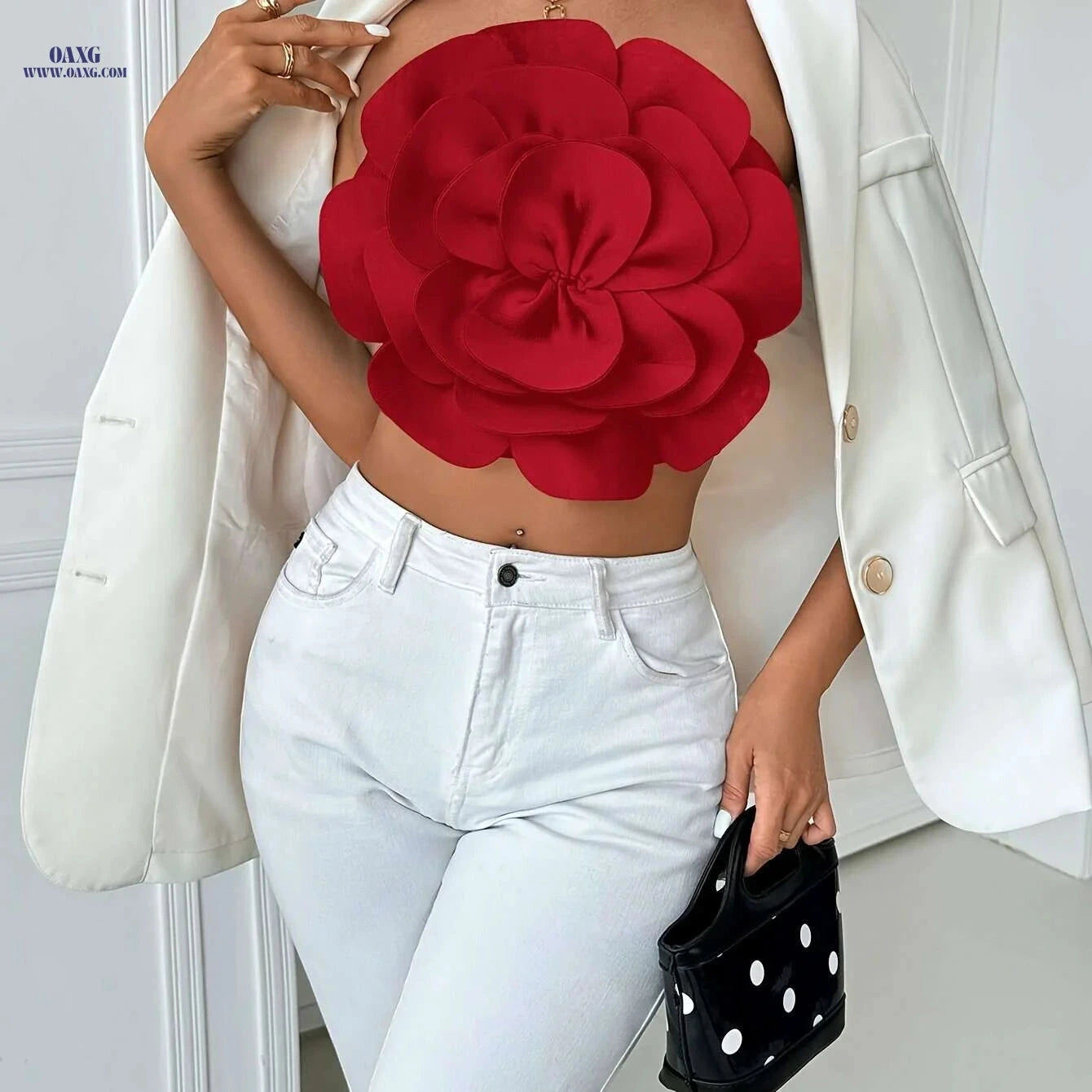Elegant Women's Strapless Top - Large Flower Decoration for Spring   OAXG 