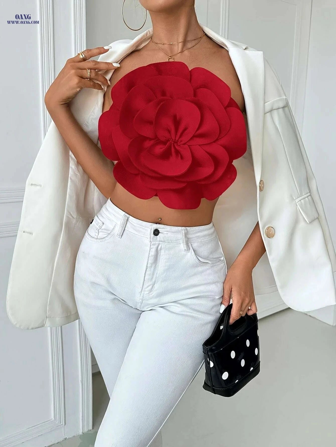 Elegant Women's Strapless Top - Large Flower Decoration for Spring   OAXG Milky / S