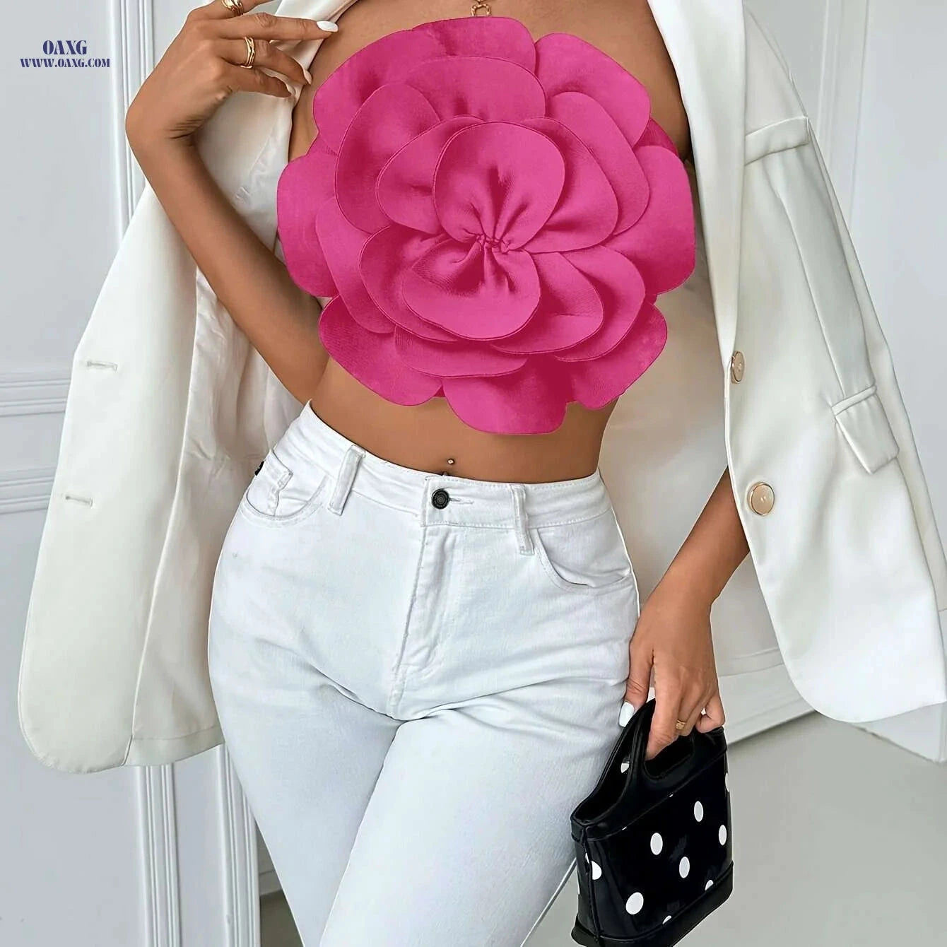 Elegant Women's Strapless Top - Large Flower Decoration for Spring   OAXG Milky / S