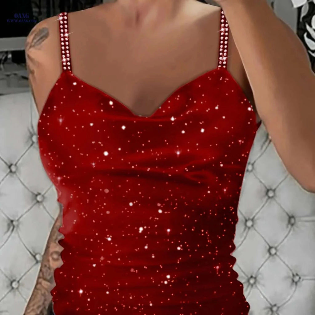 Elegant Women's Strapless V-Neck Top - Rhinestone Party Blouse   OAXG 