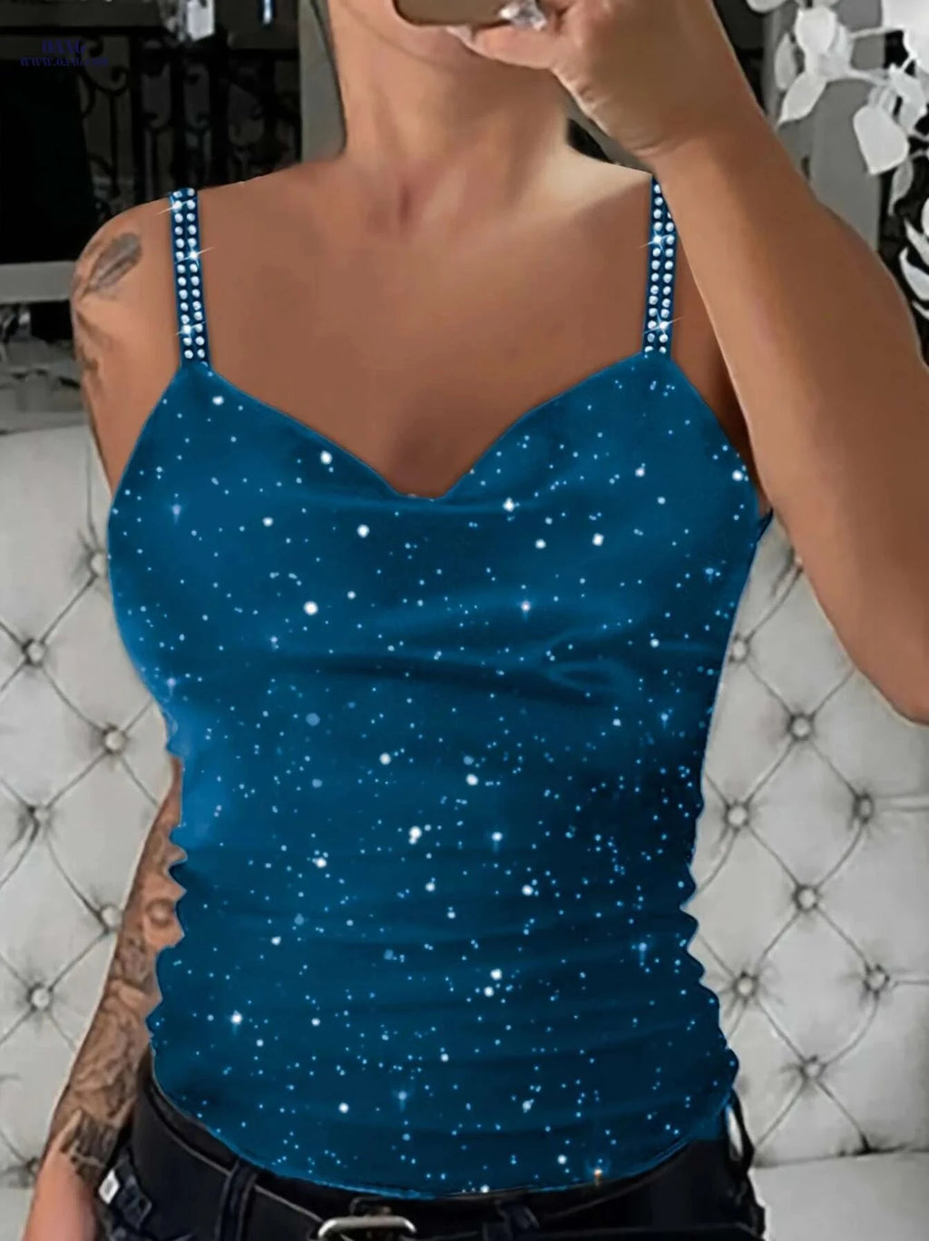 Elegant Women's Strapless V-Neck Top - Rhinestone Party Blouse   OAXG Red / S