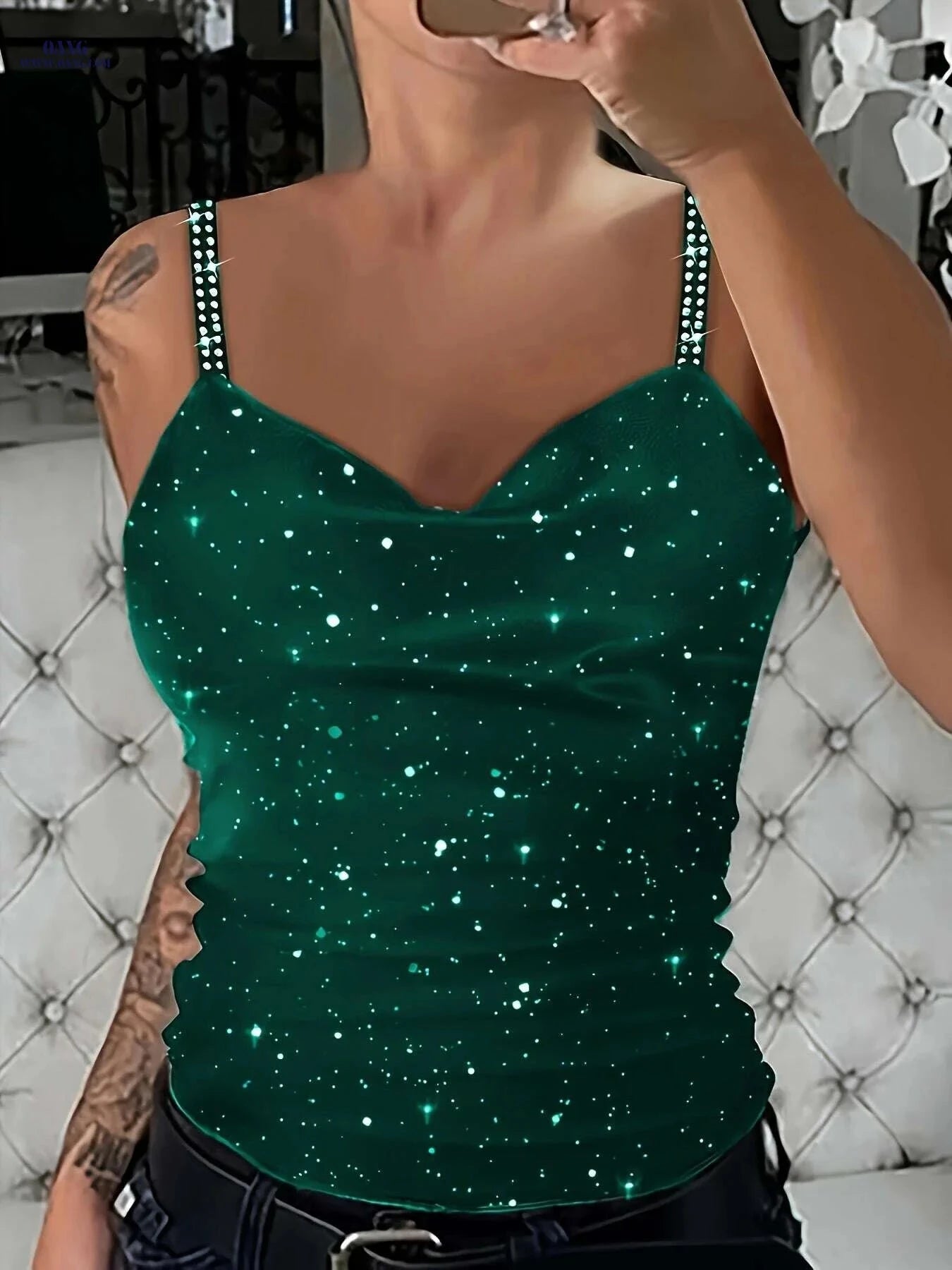 Elegant Women's Strapless V-Neck Top - Rhinestone Party Blouse   OAXG 
