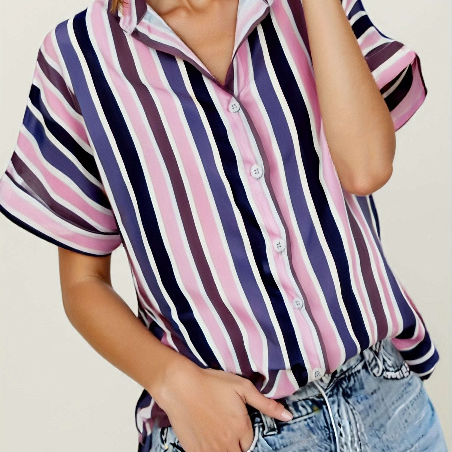Elegant Women's Striped Button-Up Cardigan - Summer Casual Top   OAXG 