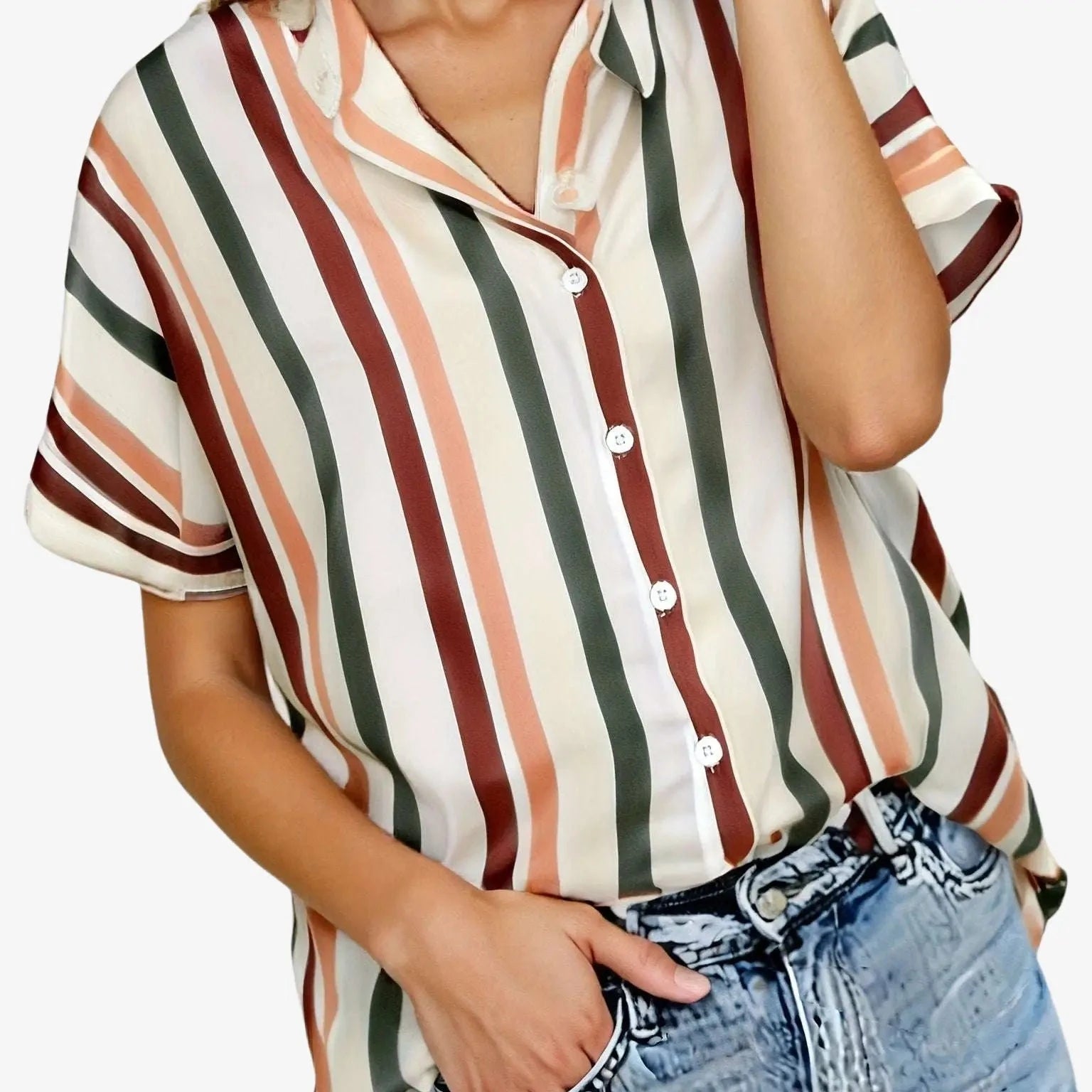 Elegant Women's Striped Button-Up Cardigan - Summer Casual Top   OAXG 