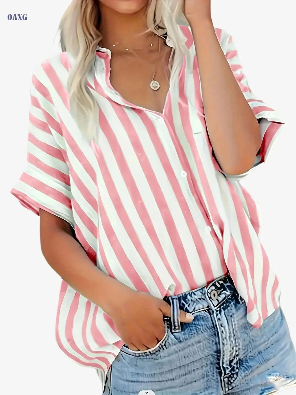 Elegant Women's Striped Button-Up Cardigan - Summer Casual Top   OAXG 