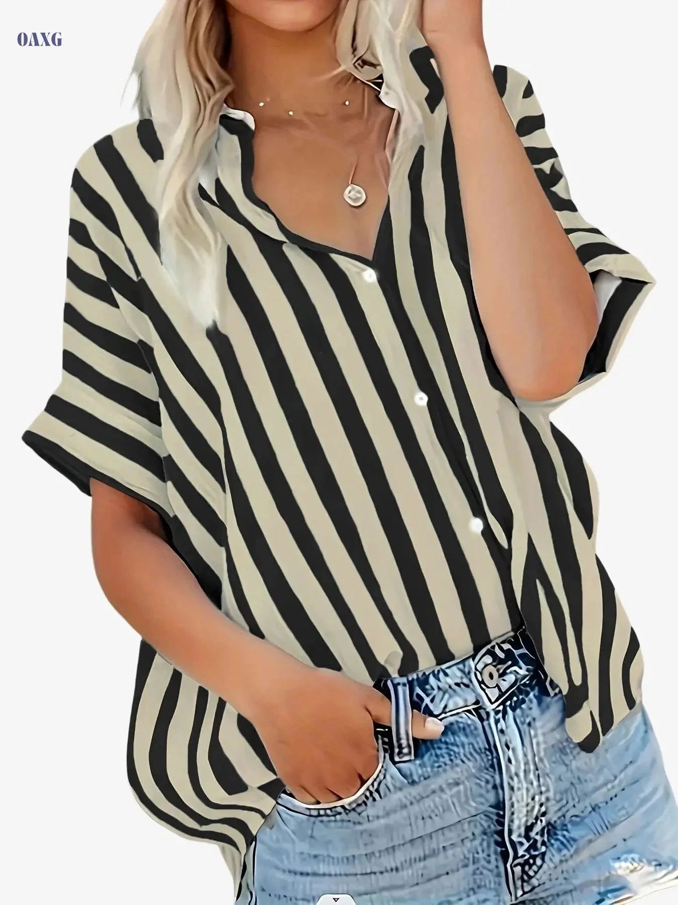 Elegant Women's Striped Button-Up Cardigan - Summer Casual Top   OAXG Mixed Color / S