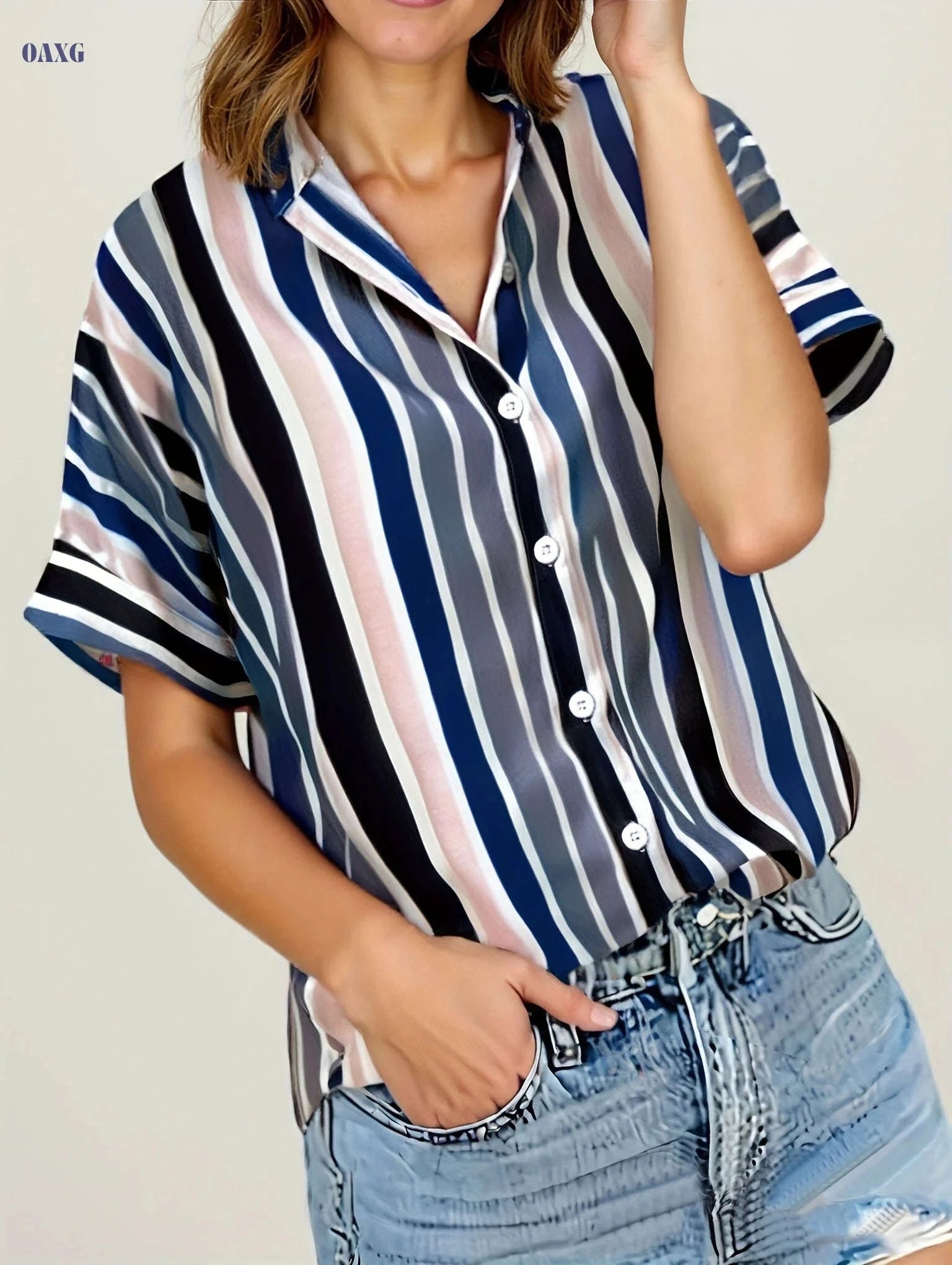 Elegant Women's Striped Button-Up Cardigan - Summer Casual Top   OAXG 