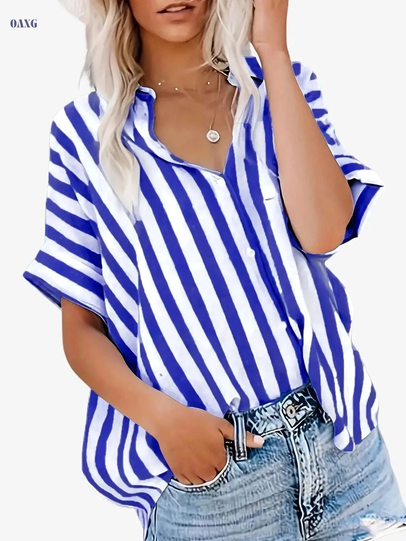 Elegant Women's Striped Button-Up Cardigan - Summer Casual Top   OAXG 