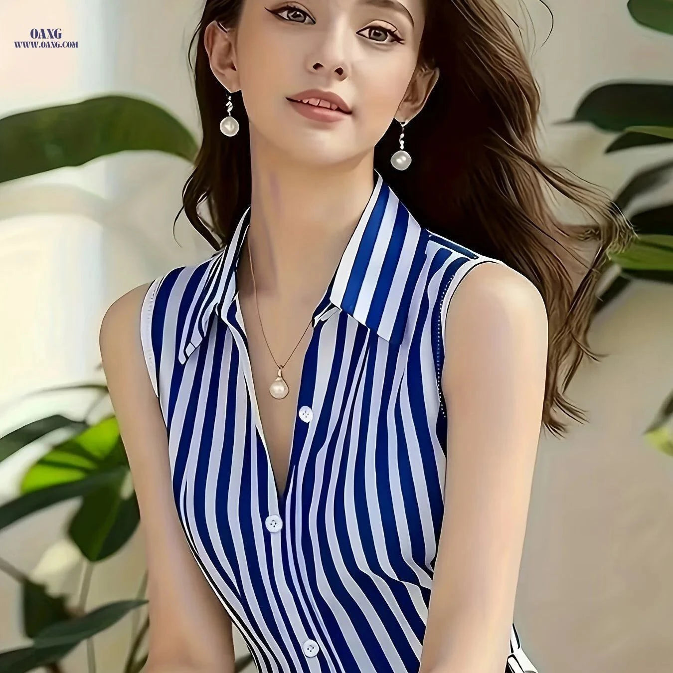 Elegant Women's Striped Button-Up Shirt - Casual & Fashionable Fit   OAXG Blue / S