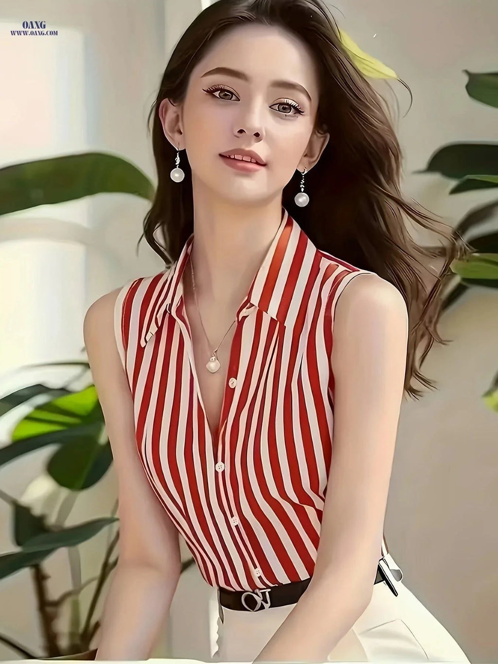 Elegant Women's Striped Button-Up Shirt - Casual & Fashionable Fit   OAXG Blue / S