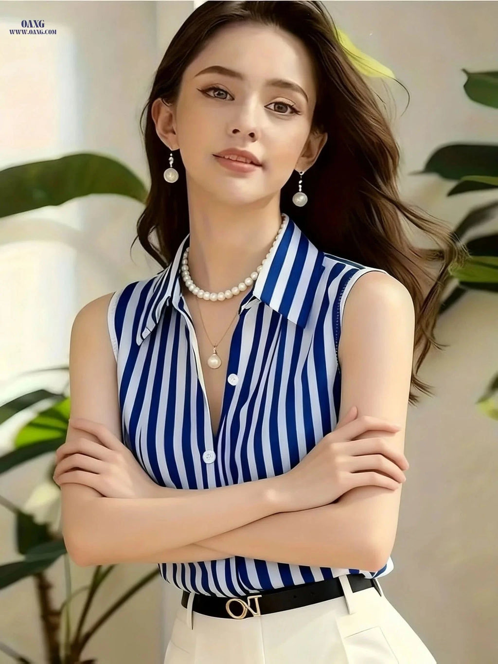 Elegant Women's Striped Button-Up Shirt - Casual & Fashionable Fit   OAXG Blue / S