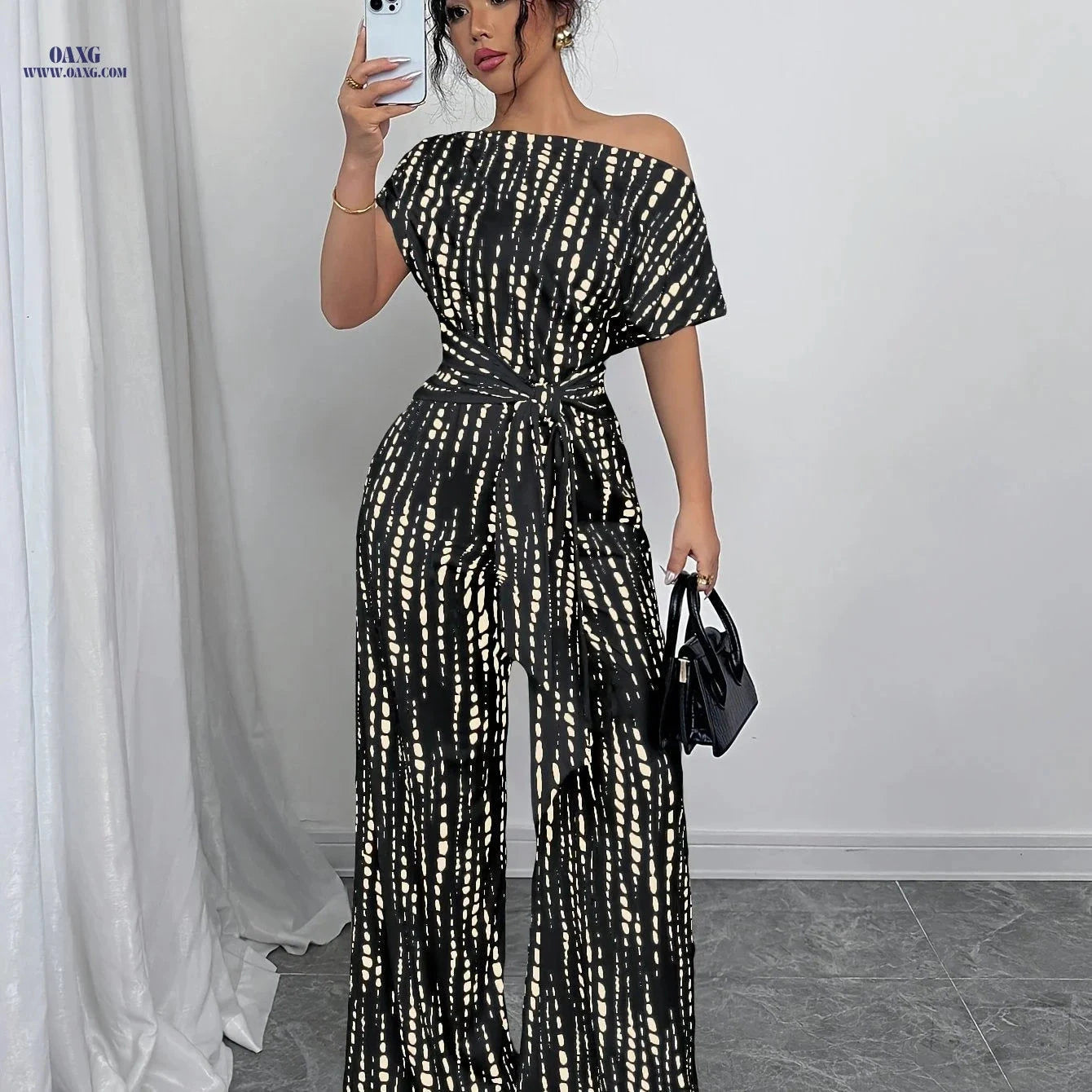 Elegant Women's Striped Off-Shoulder Jumpsuit - Summer Fashion   OAXG 
