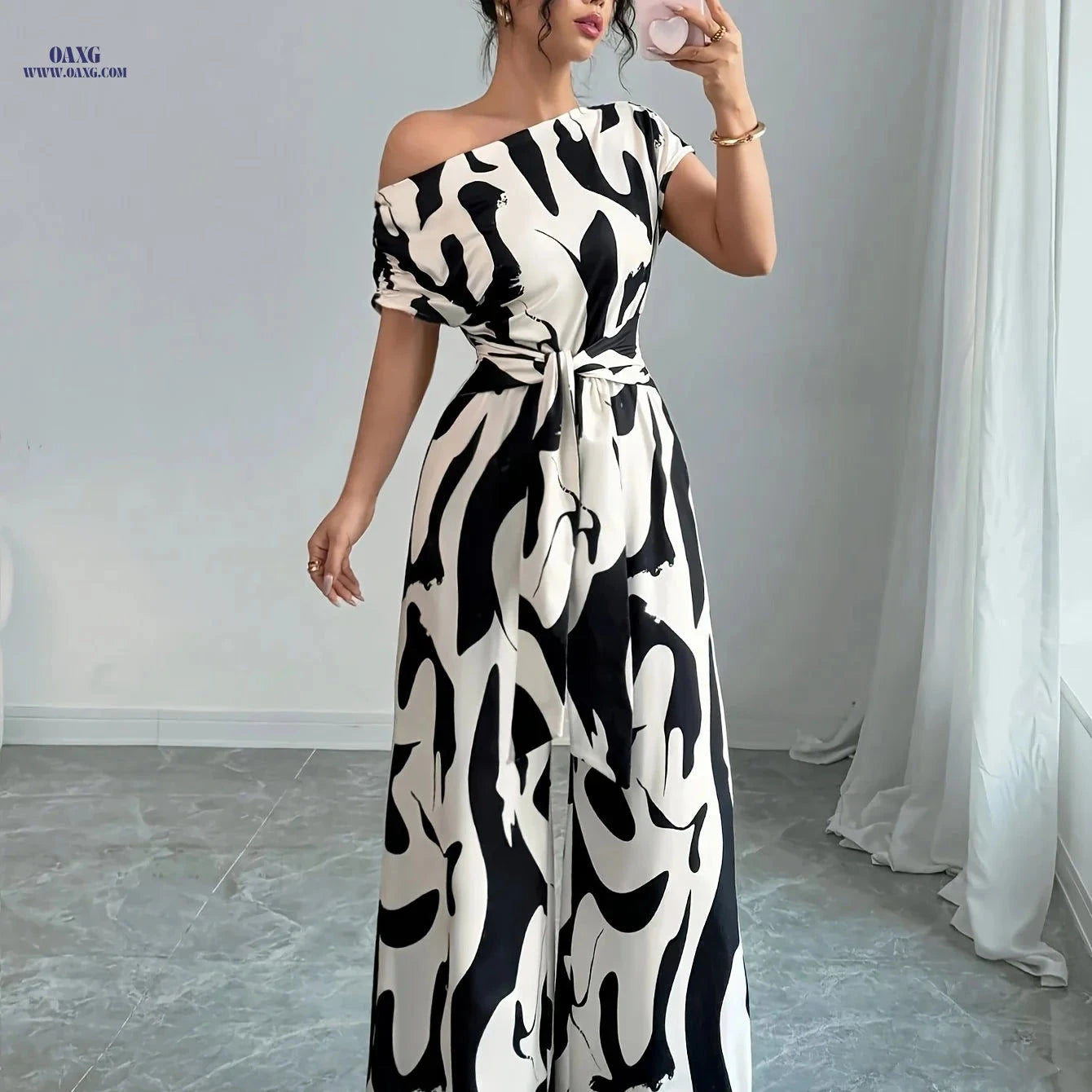 Elegant Women's Striped Off-Shoulder Jumpsuit - Summer Fashion   OAXG Apricot / S