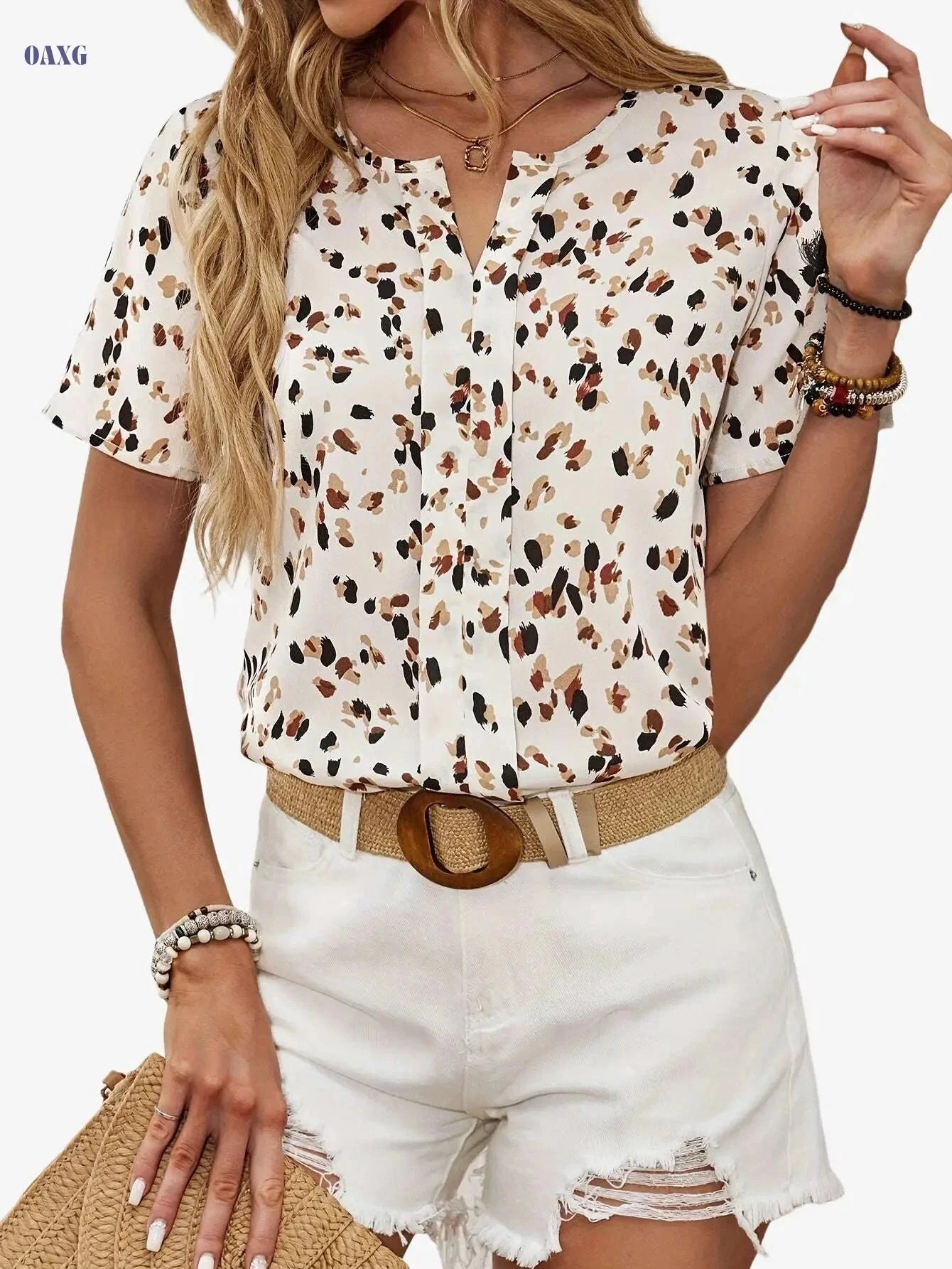 Elegant Women's Summer Blouse - Allover Print Notched Neck Design   OAXG 