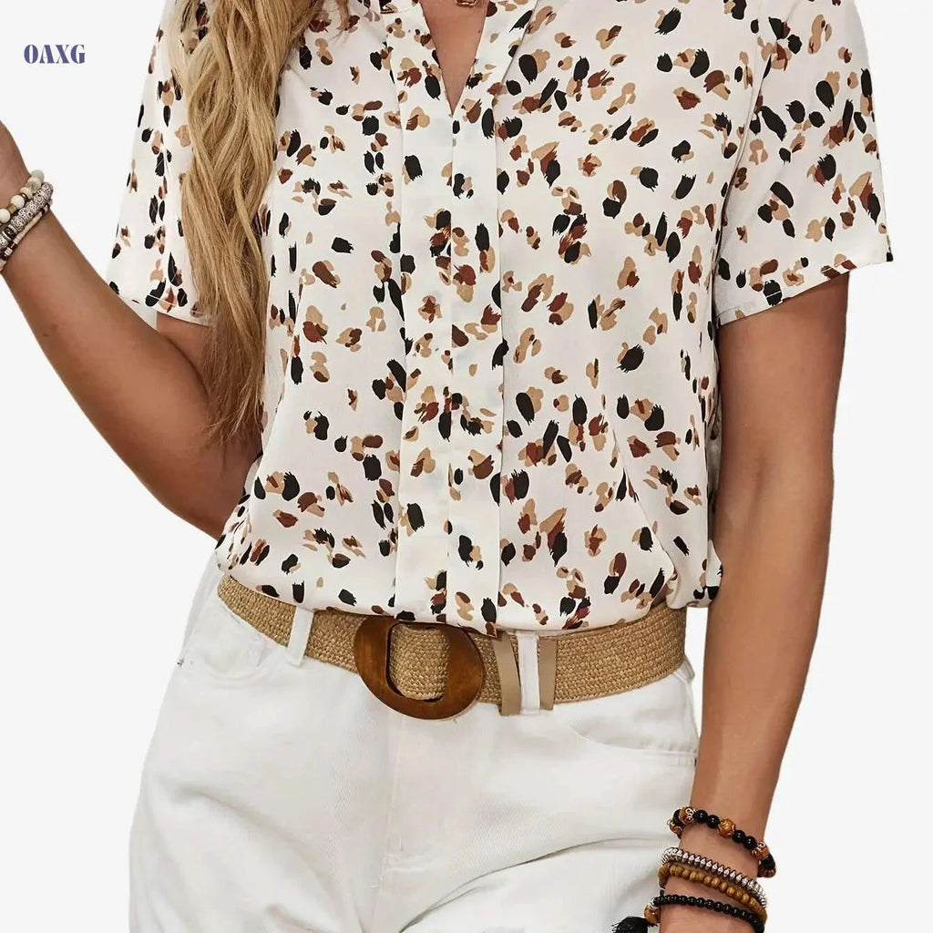 Elegant Women's Summer Blouse - Allover Print Notched Neck Design   OAXG Multicolor / S