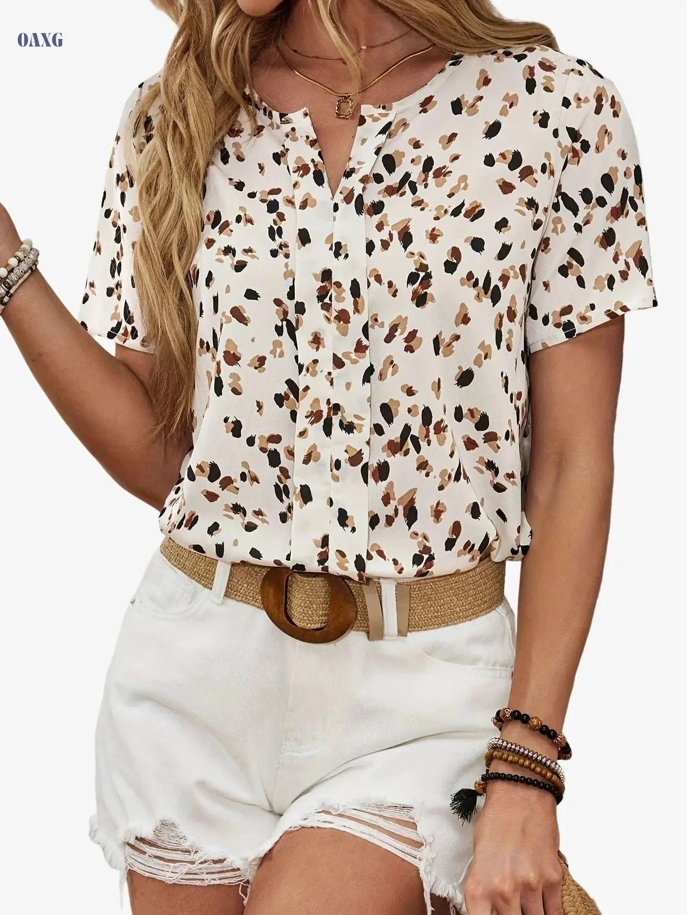 Elegant Women's Summer Blouse - Allover Print Notched Neck Design   OAXG Multicolor / S