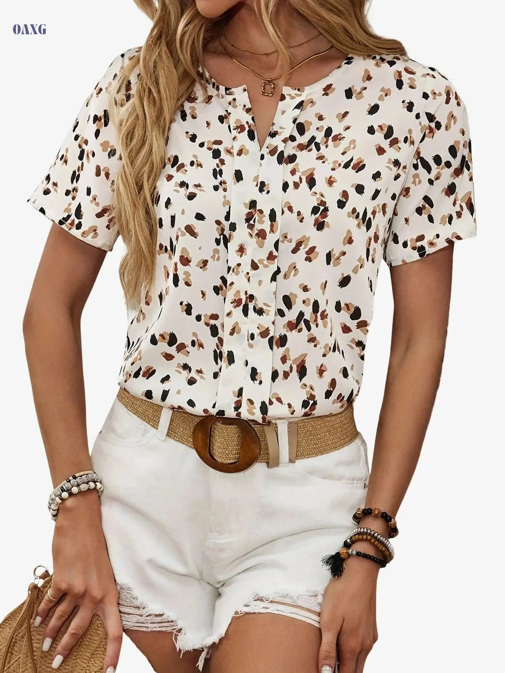 Elegant Women's Summer Blouse - Allover Print Notched Neck Design   OAXG Multicolor / S