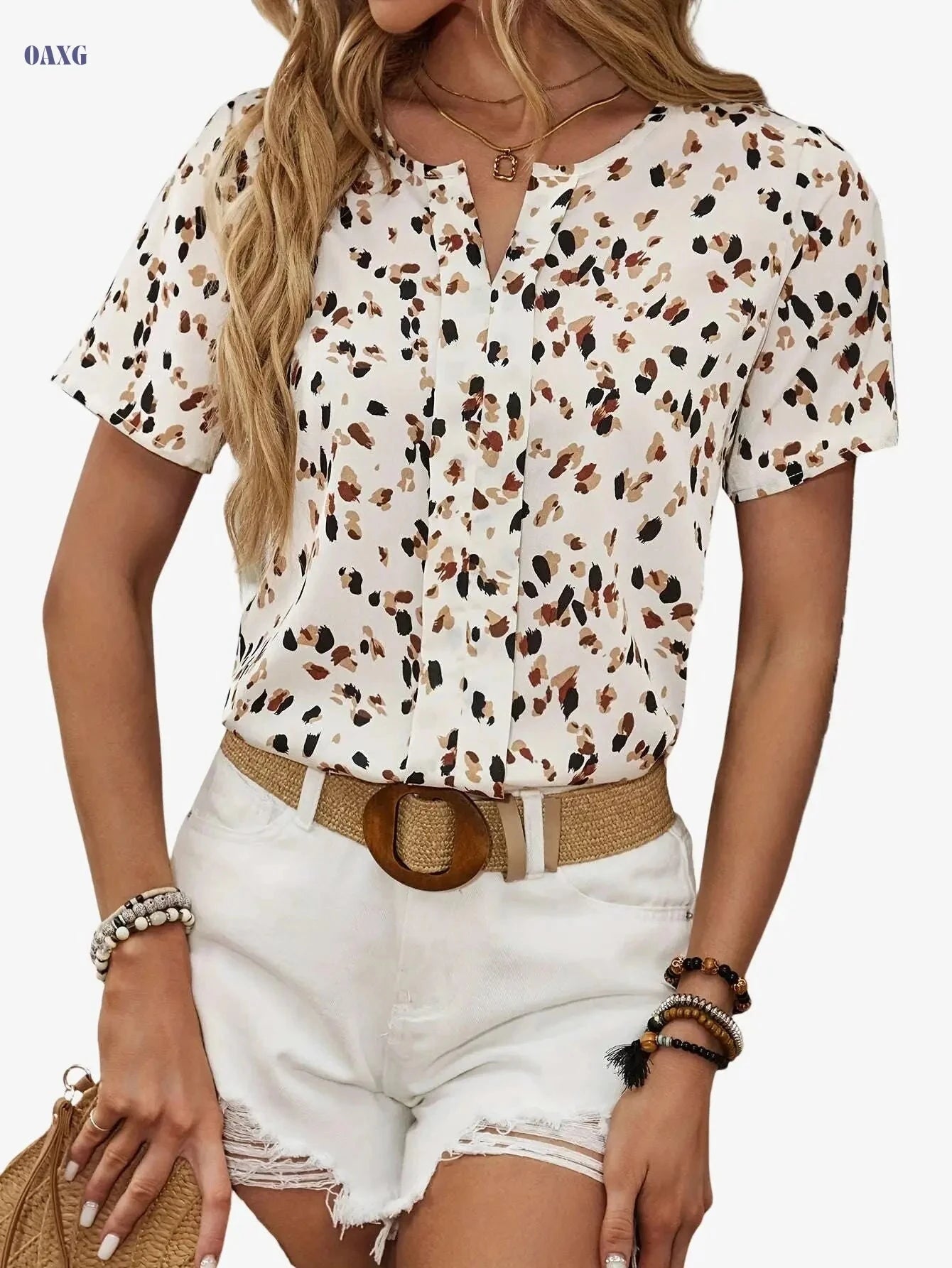 Elegant Women's Summer Blouse - Allover Print Notched Neck Design   OAXG Multicolor / S