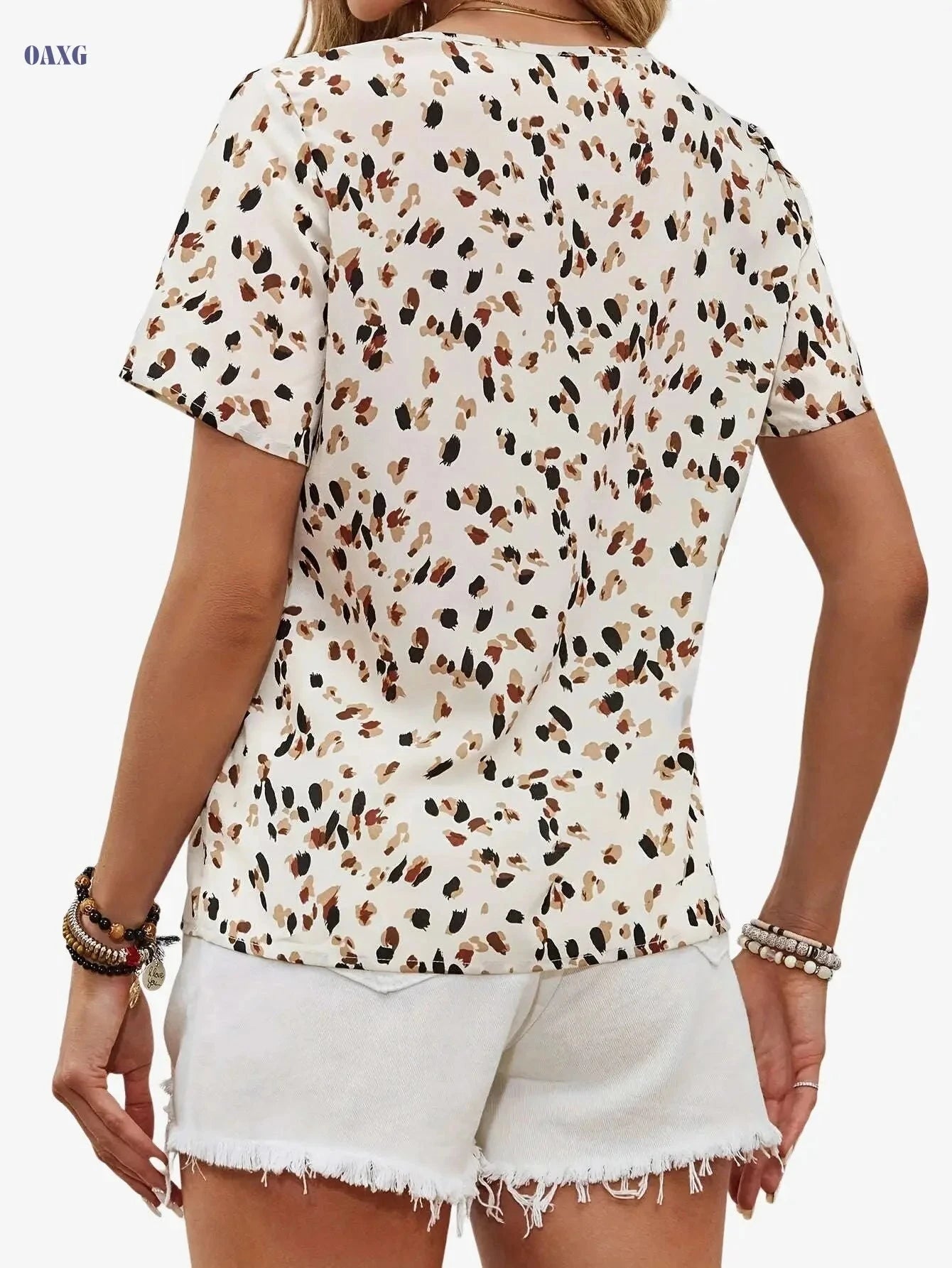 Elegant Women's Summer Blouse - Allover Print Notched Neck Design   OAXG 