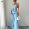 Elegant Women's Summer Jumpsuit - Belted Solid Color for Night Out   OAXG Sky Blue / S