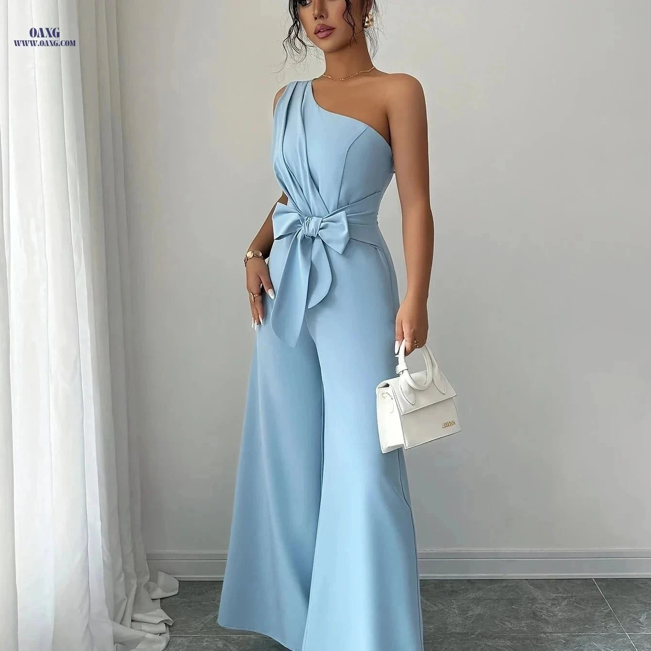 Elegant Women's Summer Jumpsuit - Belted Solid Color for Night Out   OAXG Sky Blue / S