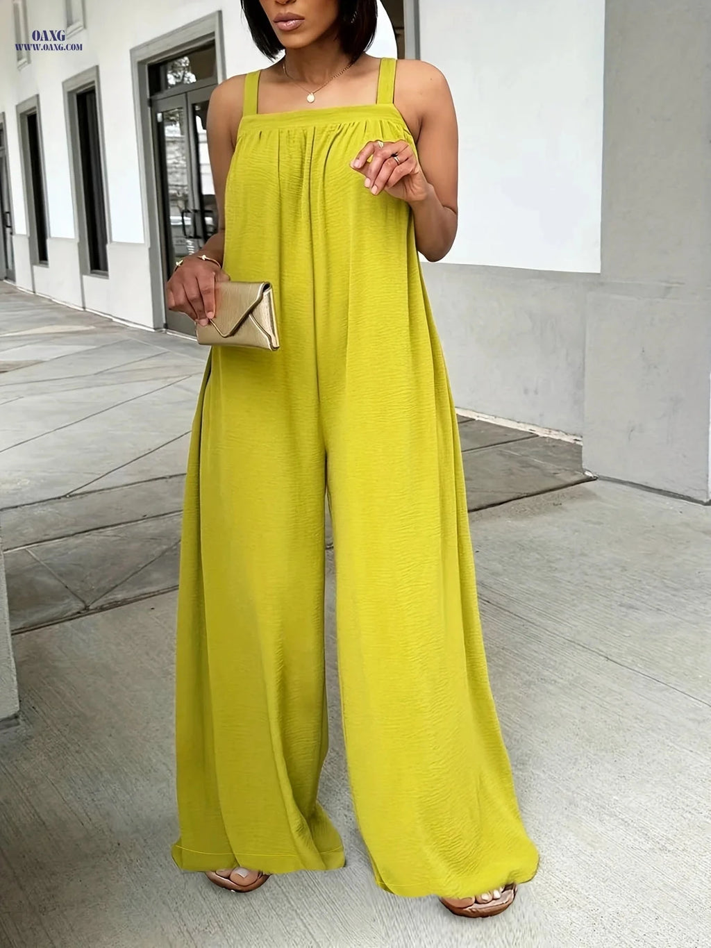 Elegant Women’s Summer Jumpsuit - Casual Solid Color with Straps   OAXG Yellow-green / S