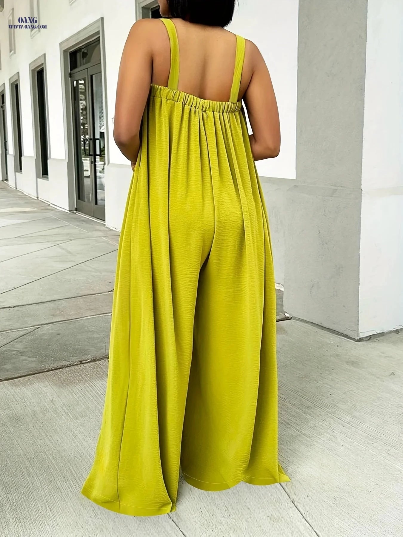 Elegant Women’s Summer Jumpsuit - Casual Solid Color with Straps   OAXG Yellow-green / S
