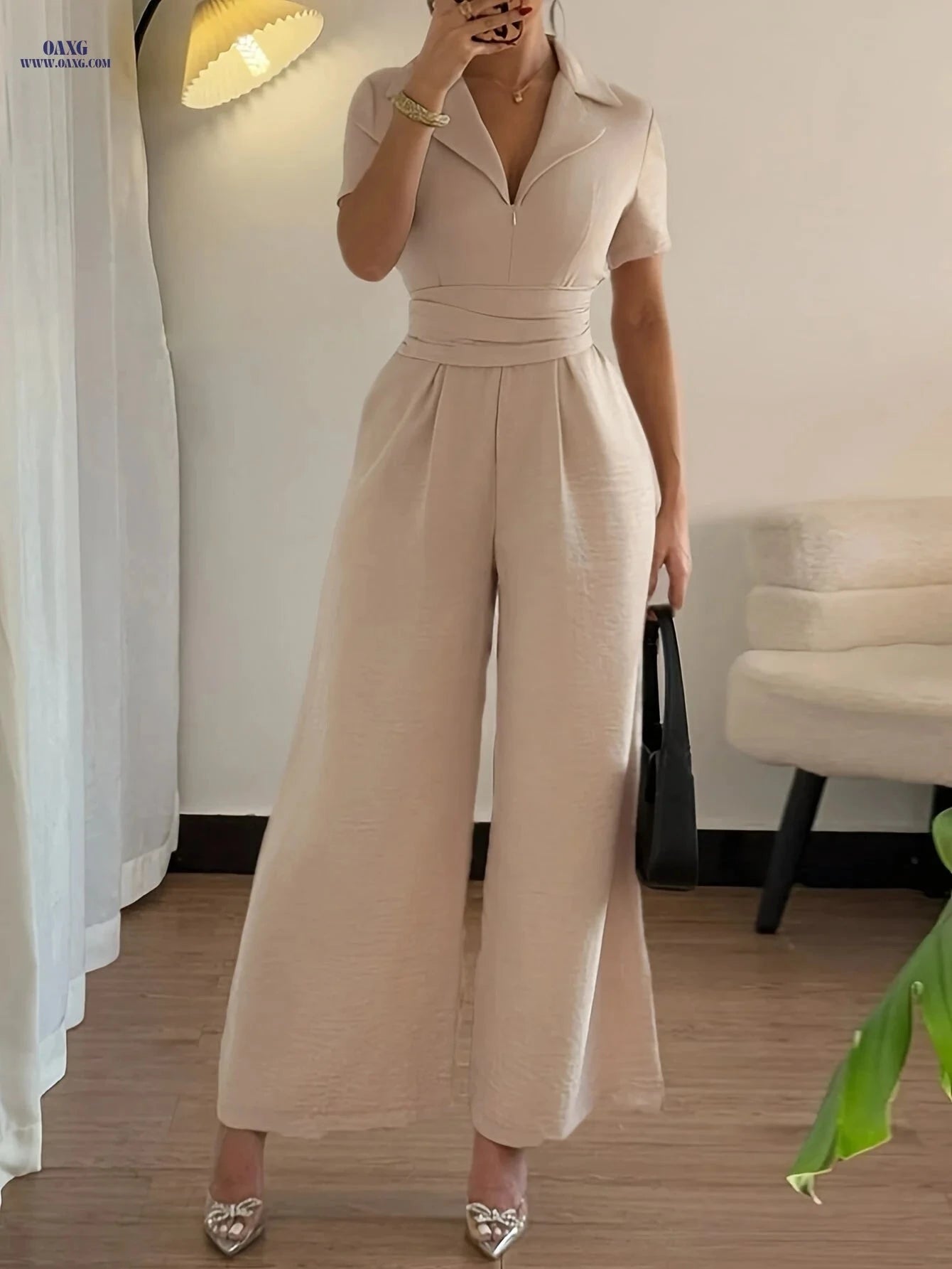 Elegant Women's Summer Jumpsuit - Lace Up, V-Neck Design   OAXG 