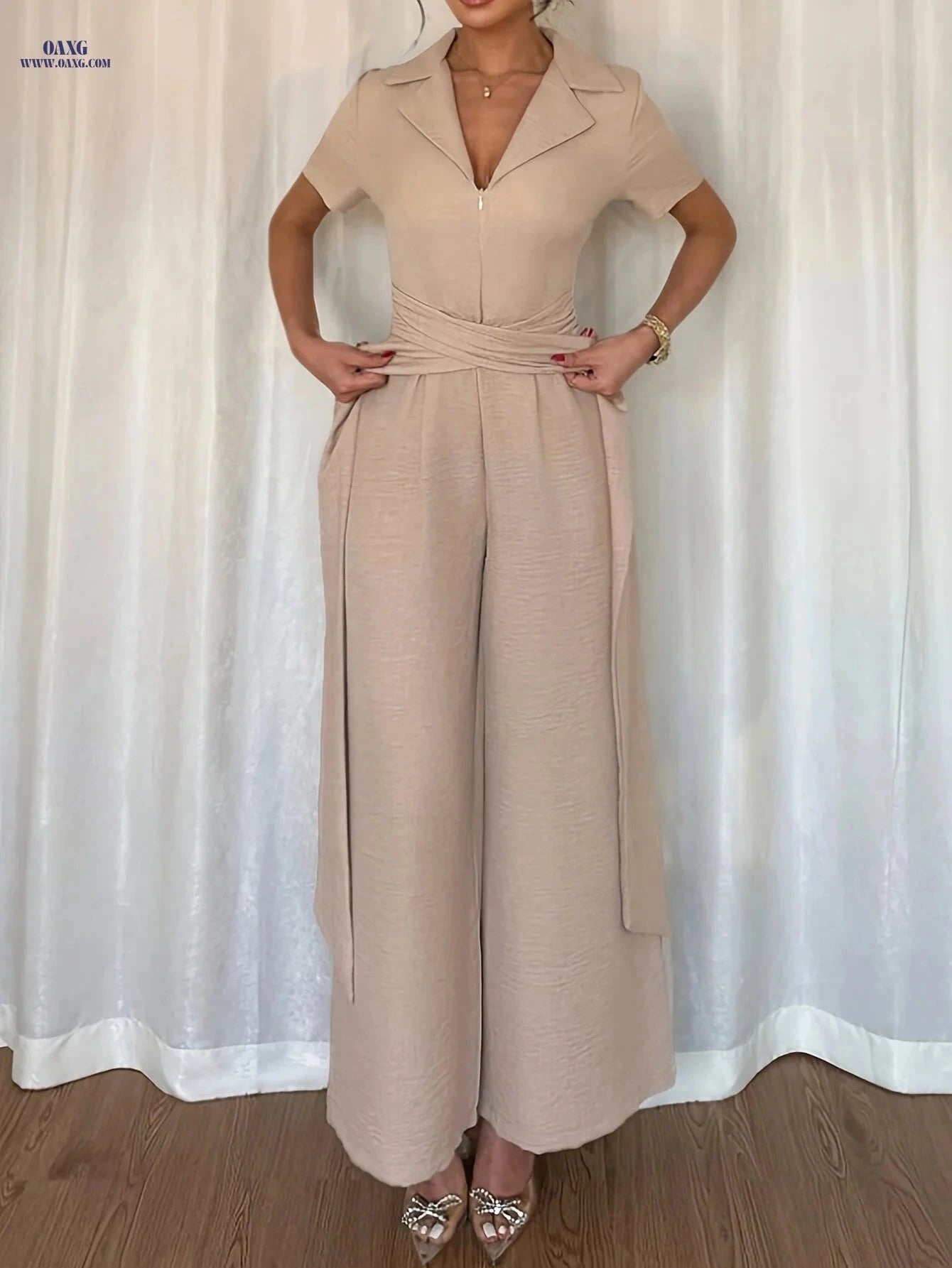 Elegant Women's Summer Jumpsuit - Lace Up, V-Neck Design   OAXG Camel / S