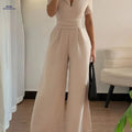 Elegant Women's Summer Jumpsuit - Lace Up, V-Neck Design   OAXG Camel / S