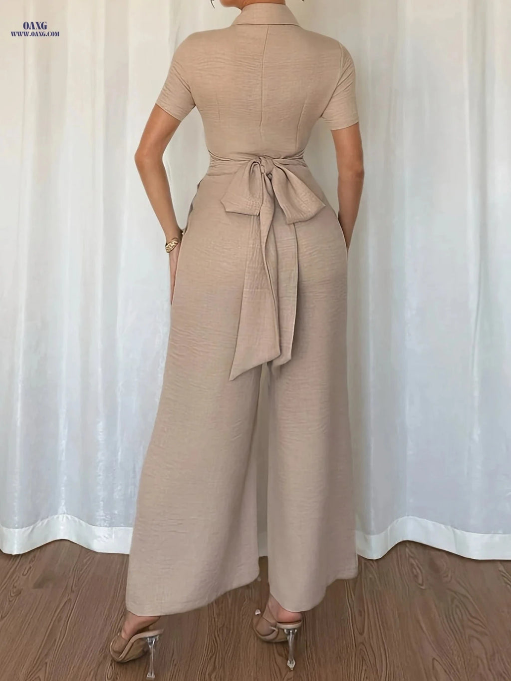 Elegant Women's Summer Jumpsuit - Lace Up, V-Neck Design   OAXG 