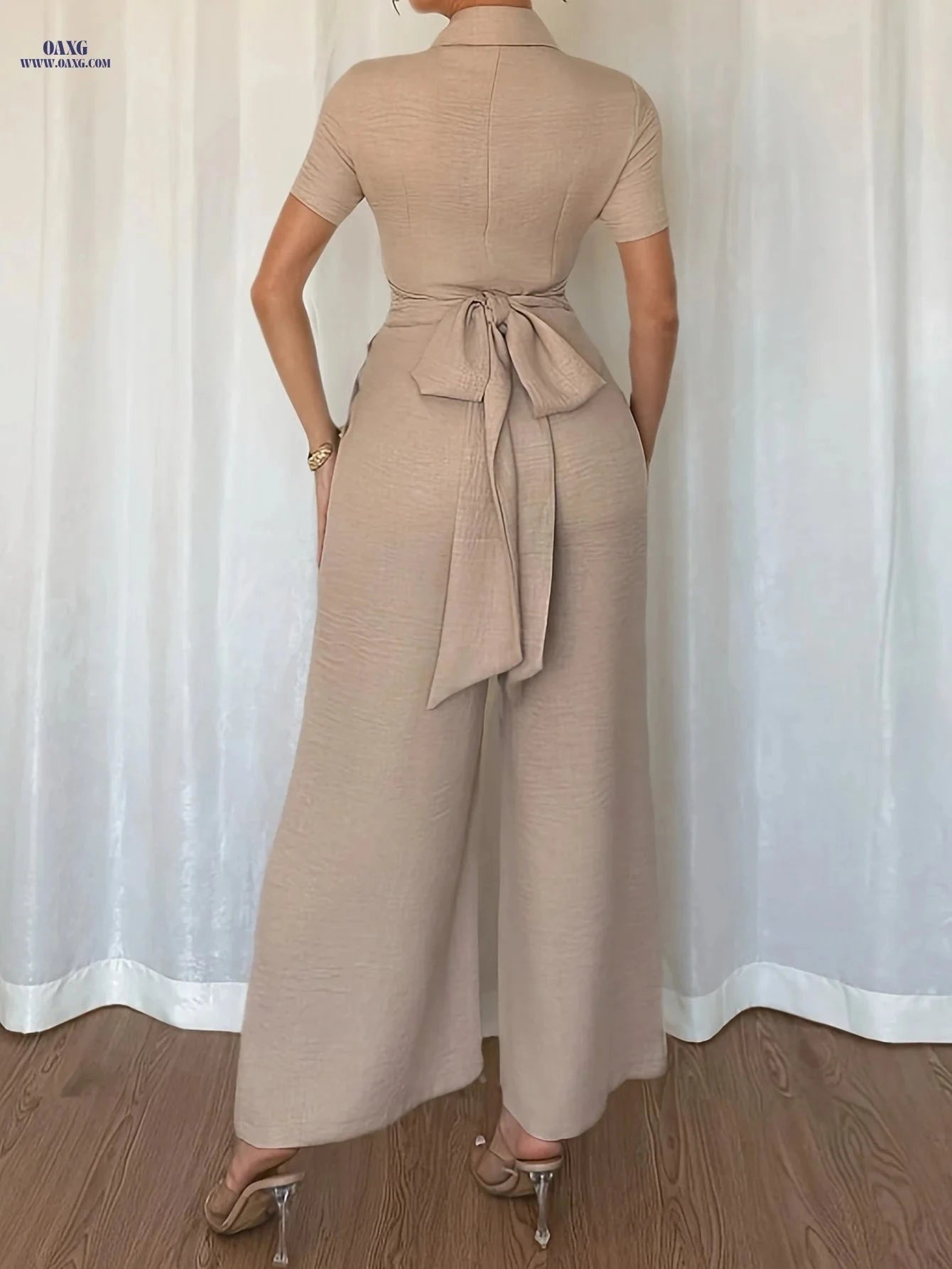 Elegant Women's Summer Jumpsuit - Lace Up, V-Neck Design   OAXG 