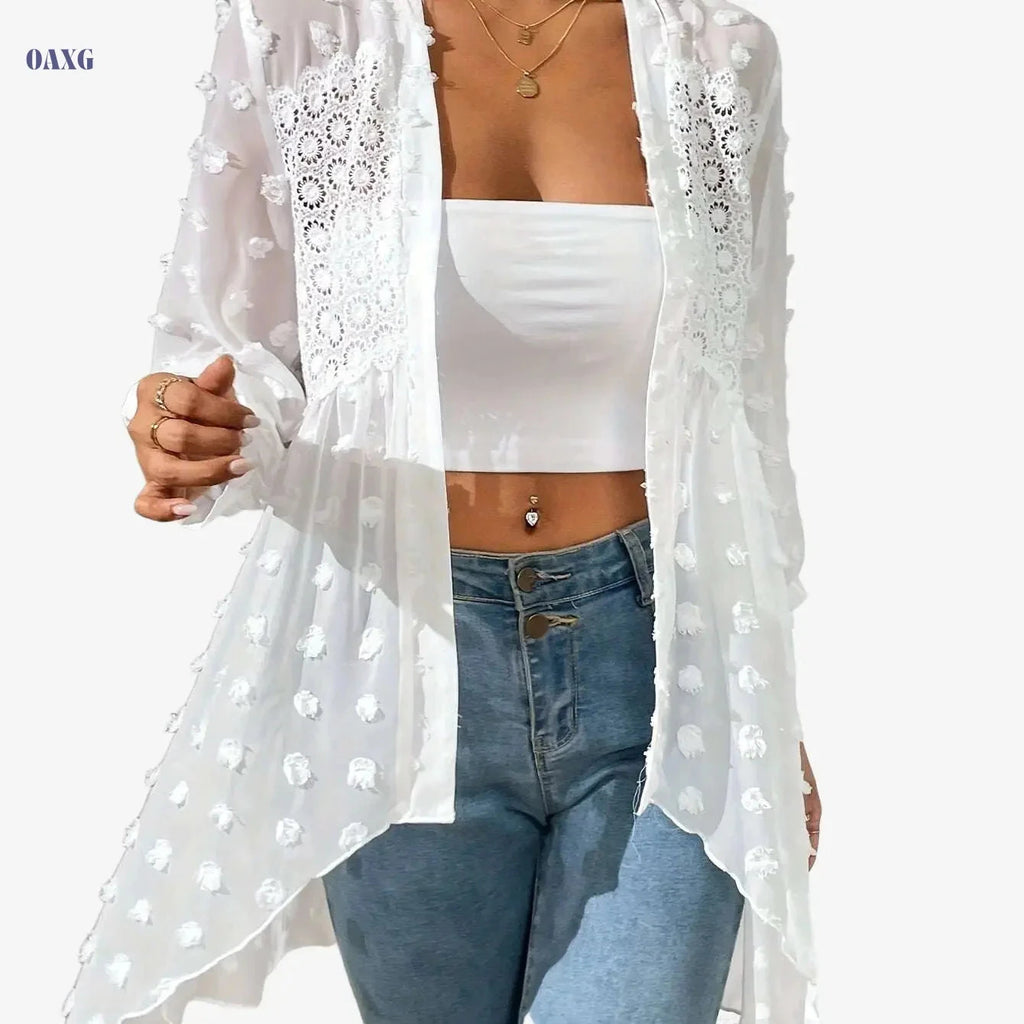 Elegant Women's Swiss Dot Cardigan - Machine Washable, Lace Trim   OAXG 
