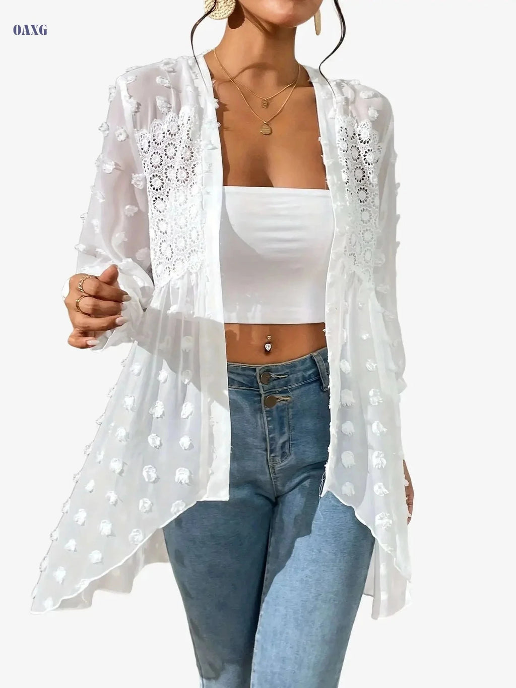 Elegant Women's Swiss Dot Cardigan - Machine Washable, Lace Trim   OAXG 