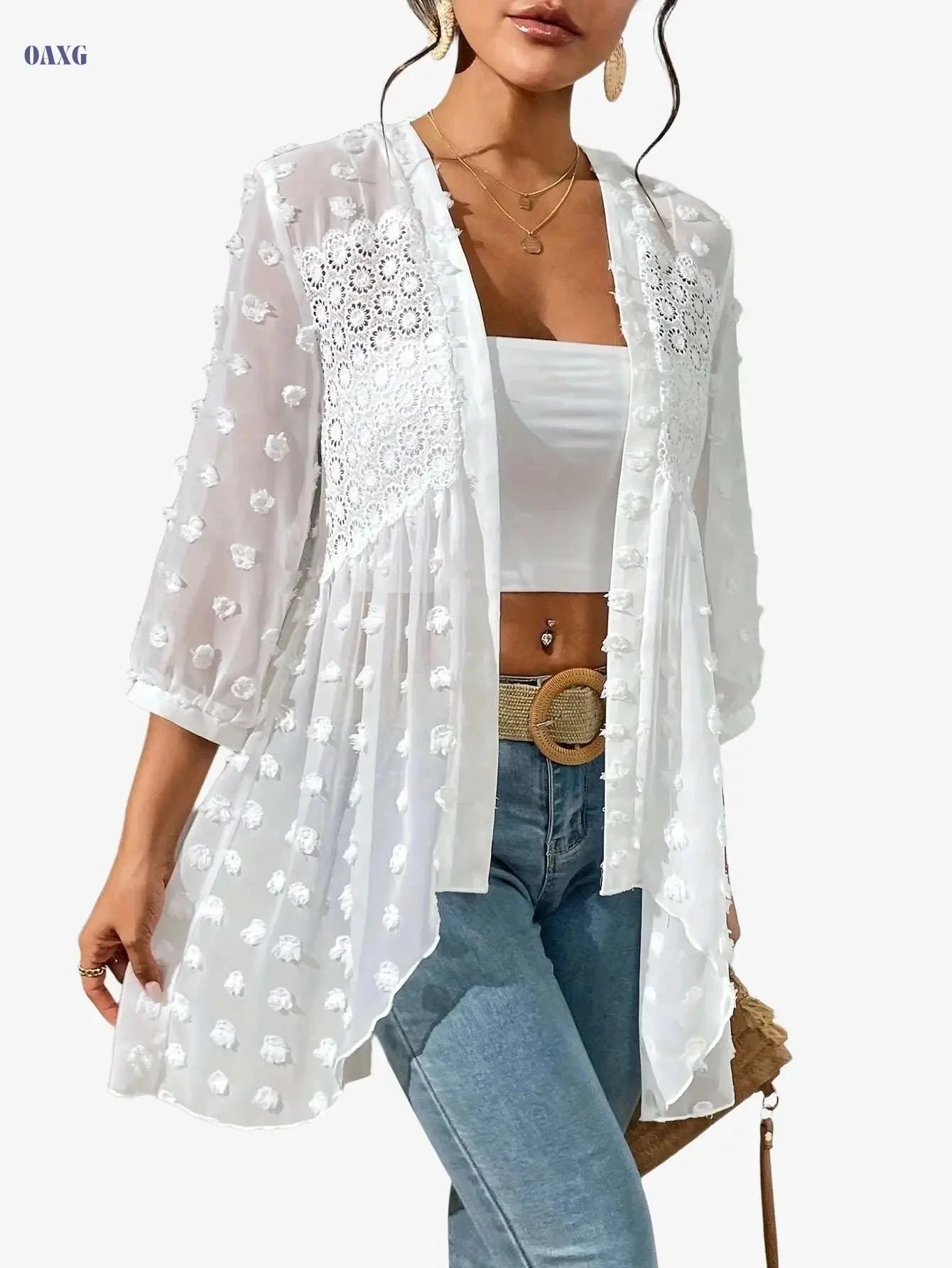 Elegant Women's Swiss Dot Cardigan - Machine Washable, Lace Trim   OAXG 