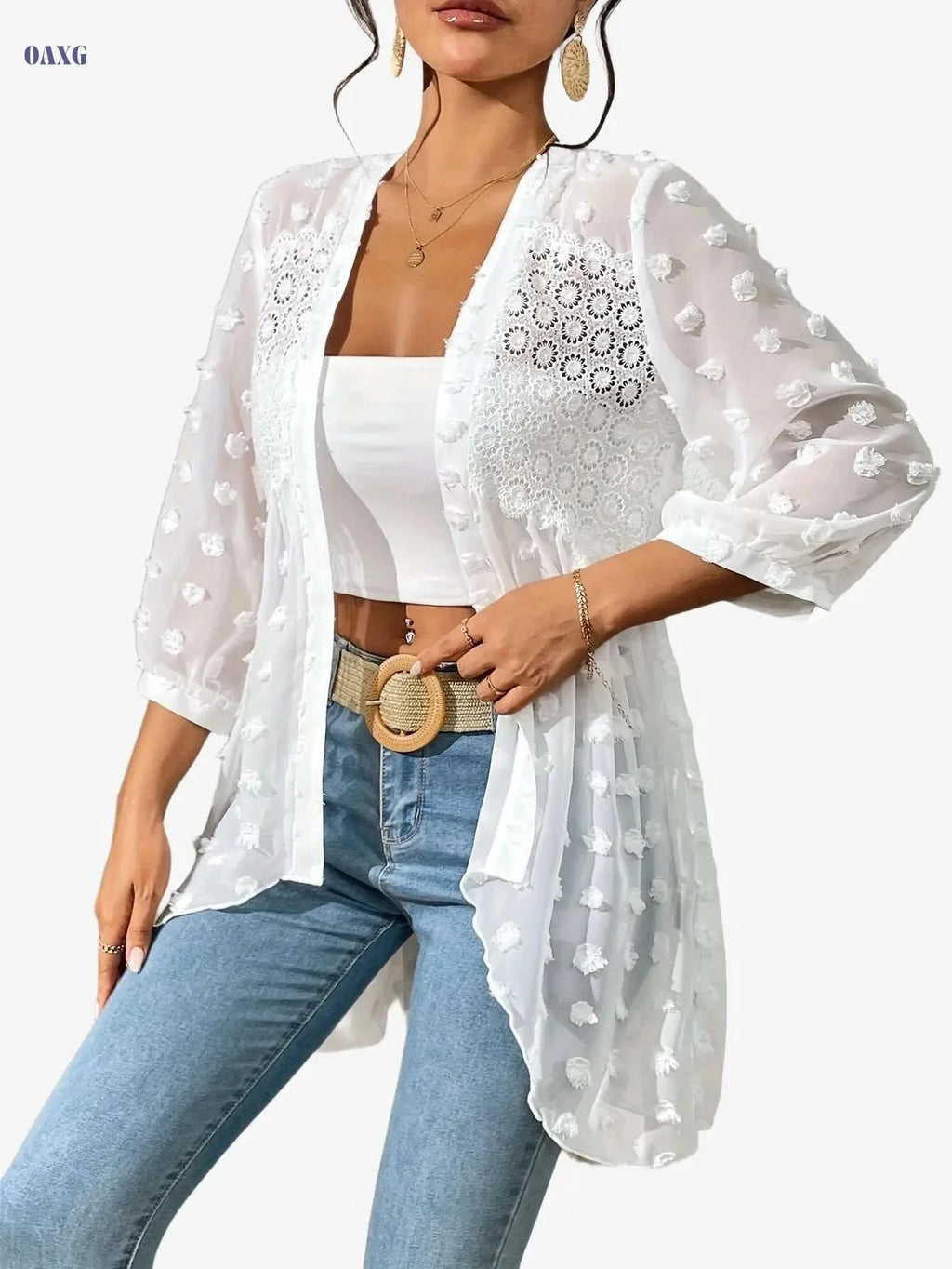 Elegant Women's Swiss Dot Cardigan - Machine Washable, Lace Trim   OAXG White / S