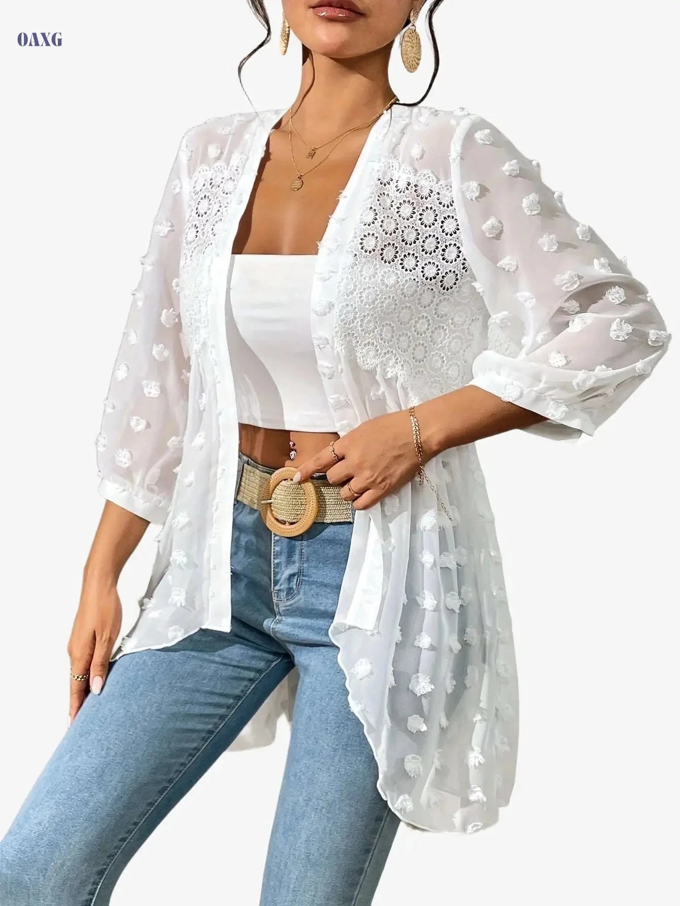Elegant Women's Swiss Dot Cardigan - Machine Washable, Lace Trim   OAXG White / S