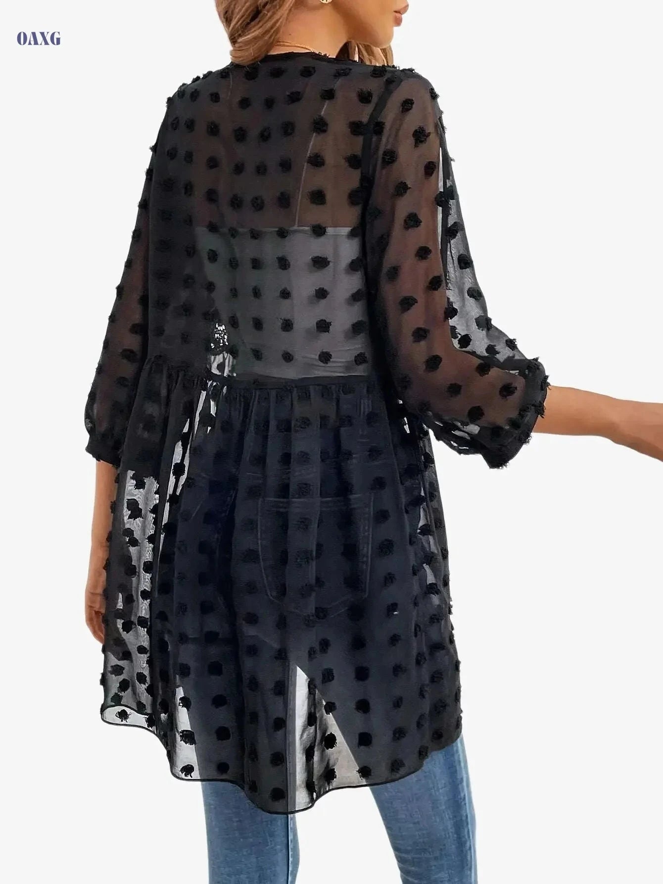 Elegant Women's Swiss Dot Cardigan - Machine Washable, Lace Trim   OAXG White / S
